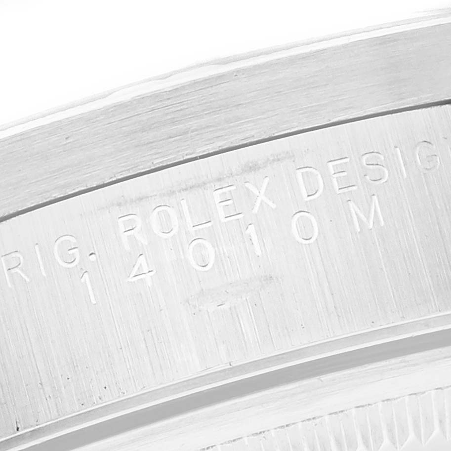 This is a close-up shot of the case back engraving on a Rolex Air-King 14010 Men's Stainless Steel Pink Dial 14010 Men's Stainless Steel Pink Dial watch, displaying the model number 14010M.