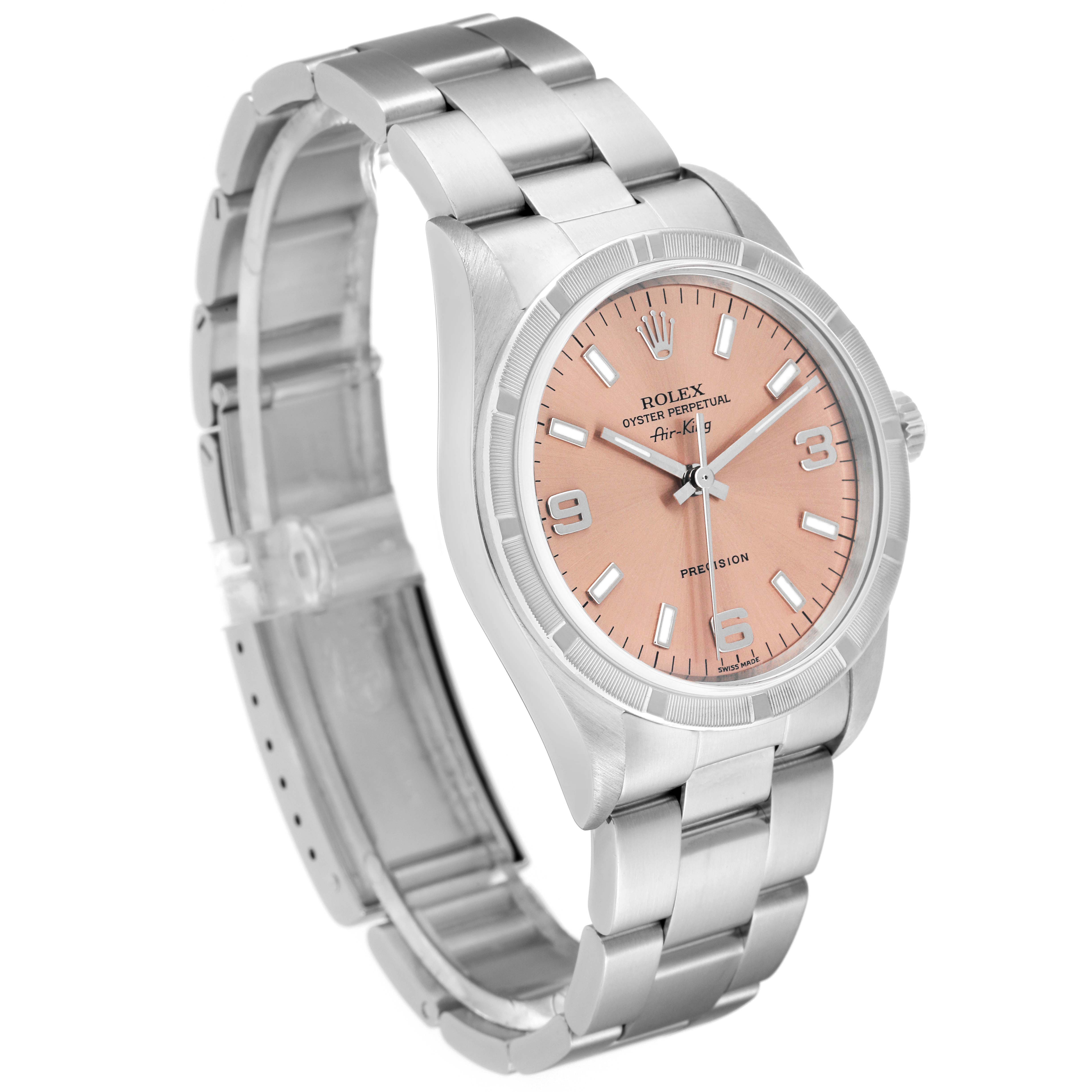The image shows a Rolex Air-King 14010 Men's Stainless Steel Pink Dial 14010 Men's Stainless Steel Pink Dial watch at a three-quarter angle, displaying the face, bezel, crown, and bracelet.
