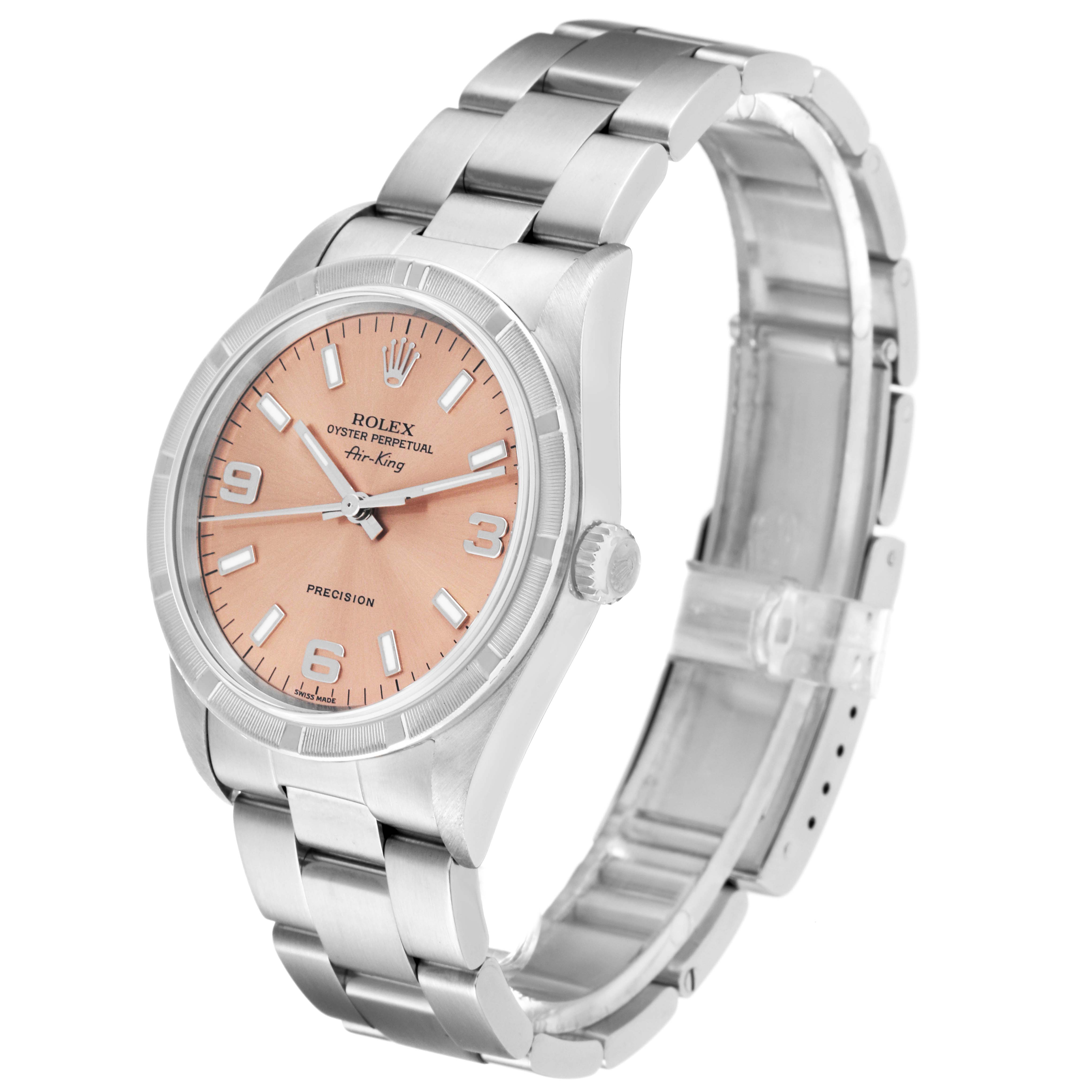 The Rolex Air-King 14010 Men's Stainless Steel Pink Dial 14010 Men's Stainless Steel Pink Dial watch is shown at a three-quarter angle, highlighting the dial, bezel, and part of the bracelet.