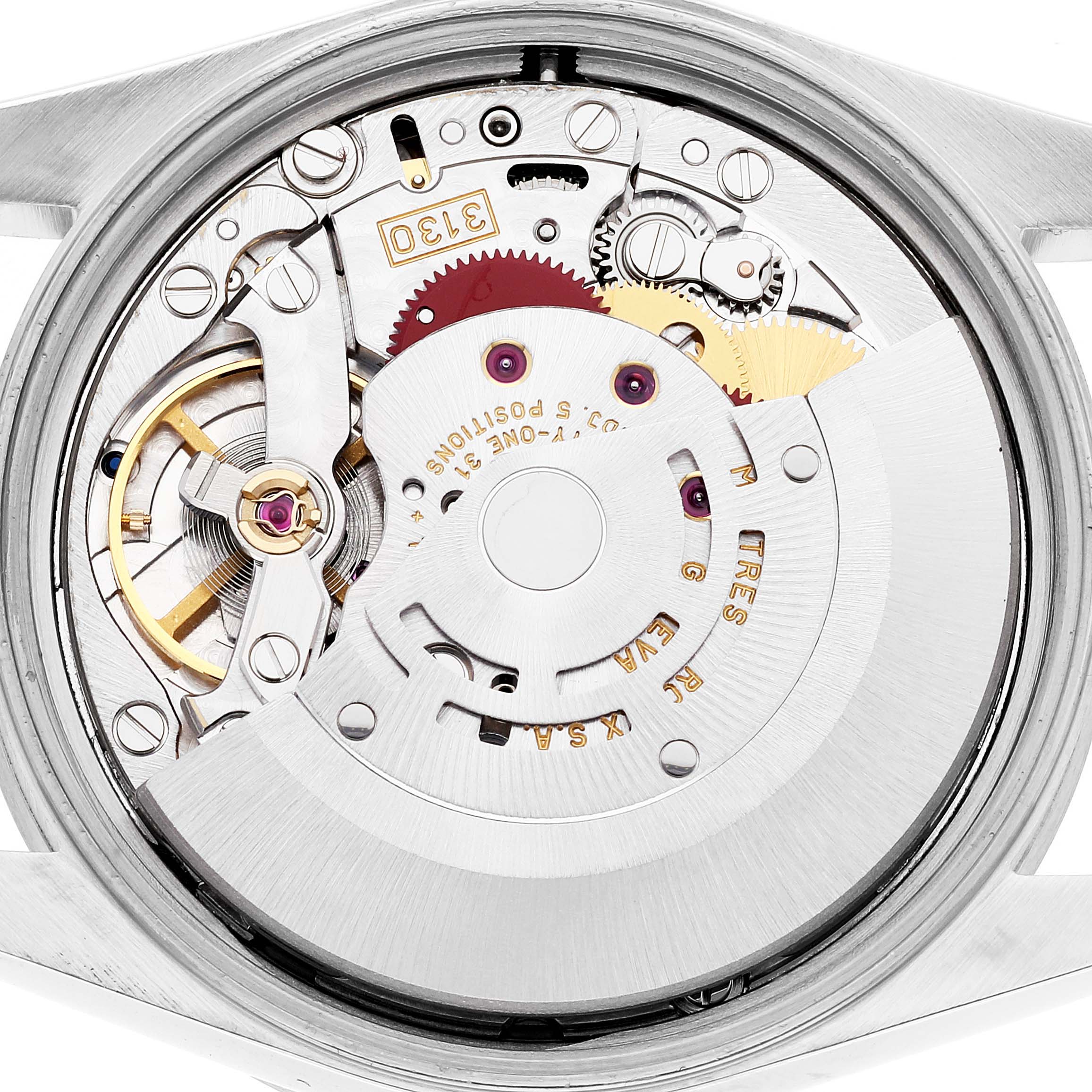 This image shows the internal mechanics of a Rolex Air-King 14010 Men's Stainless Steel Pink Dial 14010 Men's Stainless Steel Pink Dial watch, displaying its intricate movement and gears.