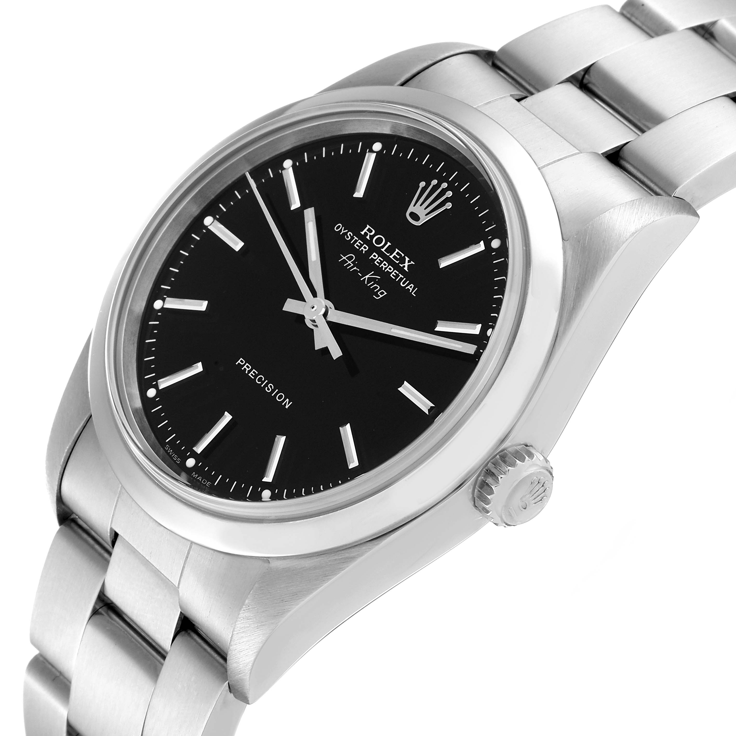 The image shows a side angle of the Rolex Air-King 14000 Men's Stainless Steel Black Dial 14000 Men's Stainless Steel Black Dial watch, displaying its face, bezel, crown, and part of the bracelet.