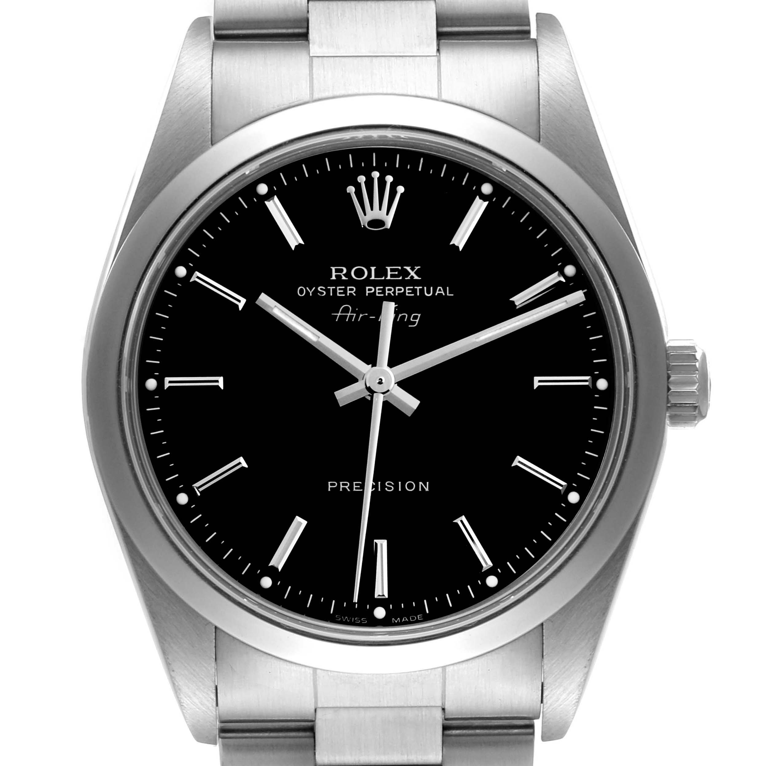 The image shows a front view of the Rolex Air-King 14000 Men's Stainless Steel Black Dial 14000 Men's Stainless Steel Black Dial watch, featuring its black dial, silver markers, and stainless steel bracelet.