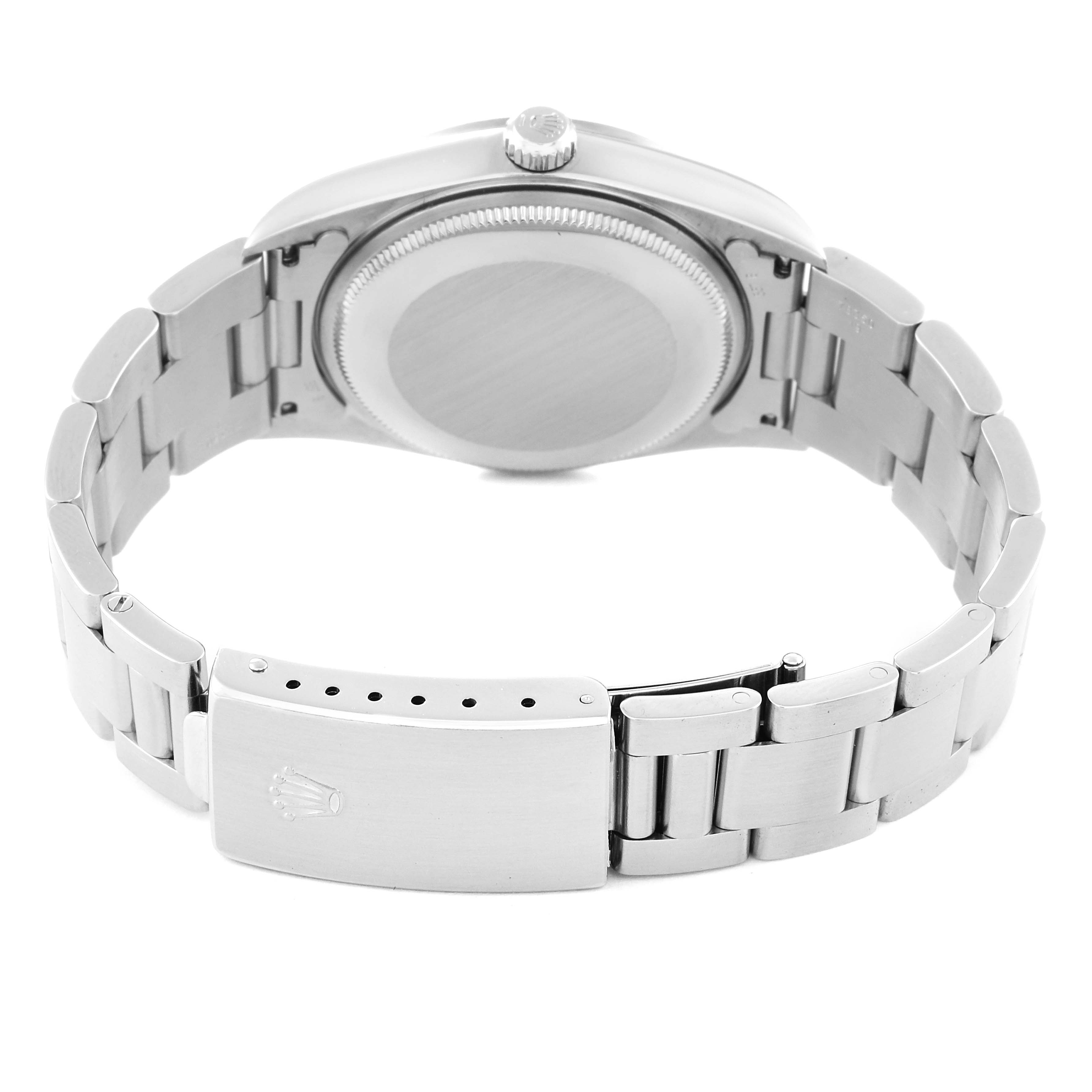 The image shows the back casing and bracelet of a Rolex Air-King 14000 Men's Stainless Steel Black Dial 14000 Men's Stainless Steel Black Dial watch, viewed from the rear.