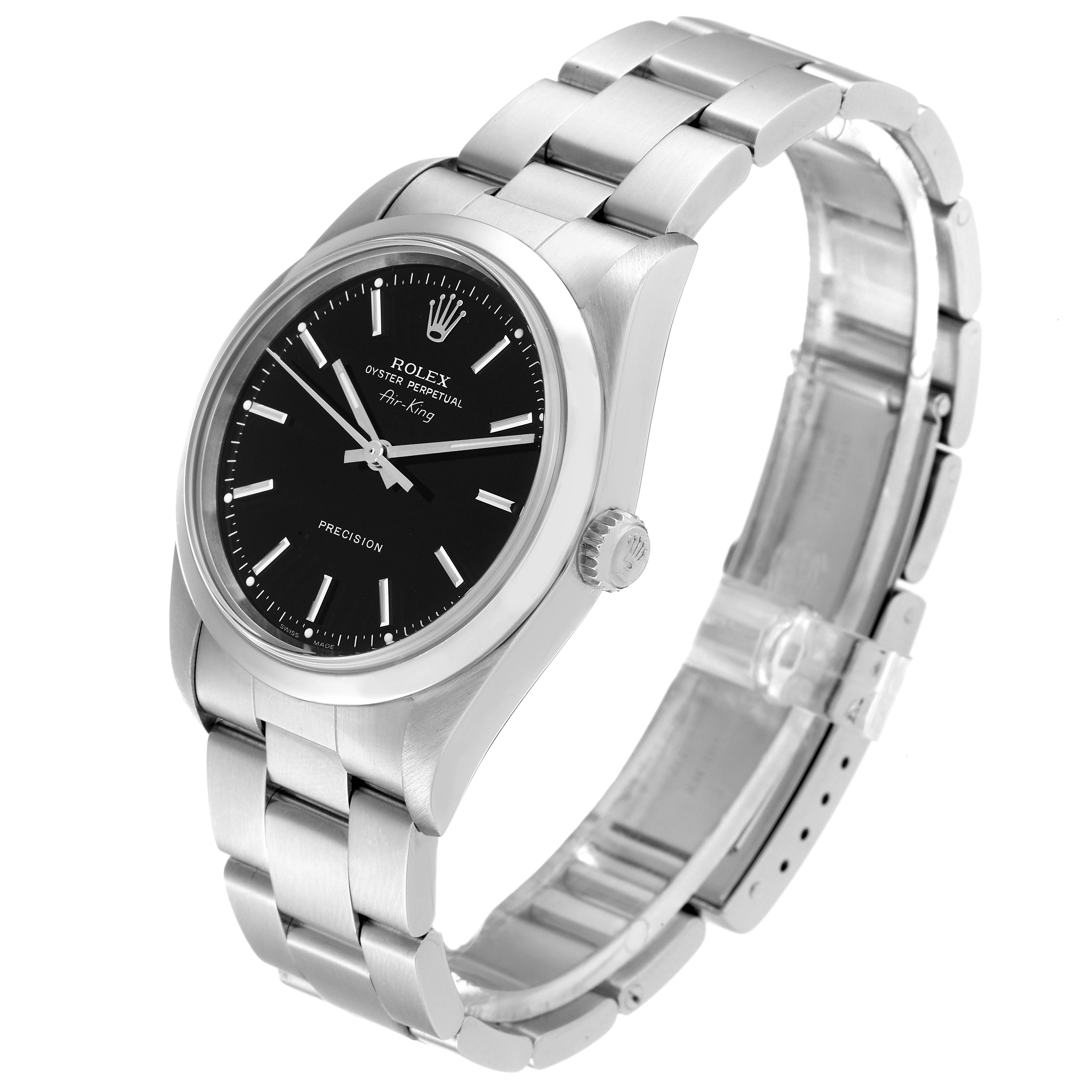 The Rolex Air-King 14000 Men's Stainless Steel Black Dial 14000 Men's Stainless Steel Black Dial watch is shown at an angle displaying the face, bezel, crown, and bracelet.