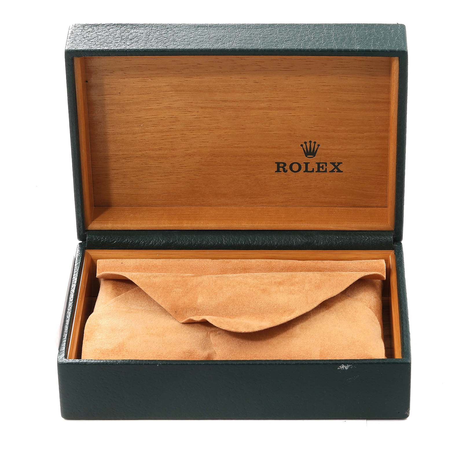 The image shows an open green and wooden Rolex box containing an Air-King model watch wrapped in a beige suede pouch.