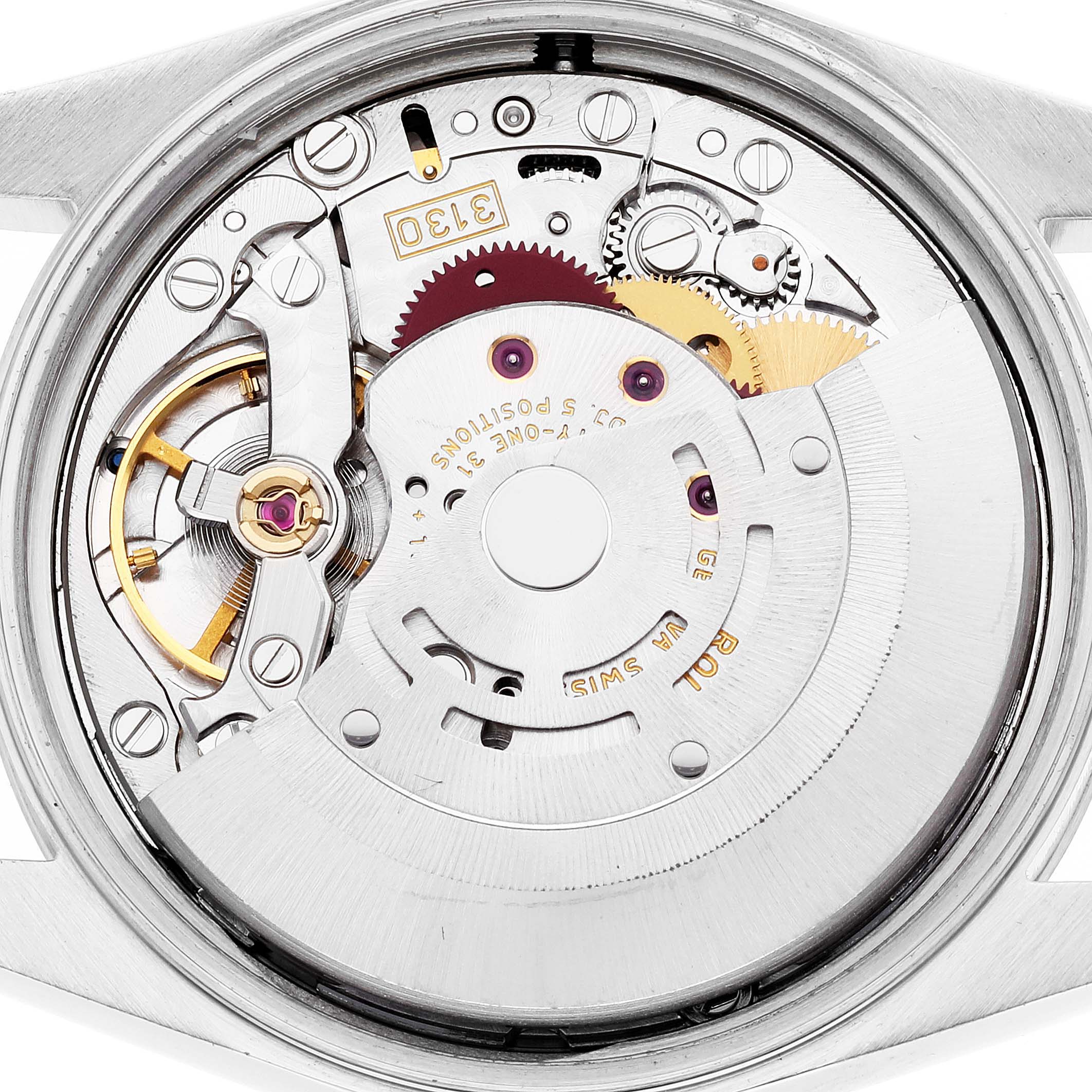 The image shows a close-up of the internal mechanisms of a Rolex Air-King 14000 Men's Stainless Steel Black Dial 14000 Men's Stainless Steel Black Dial watch, viewed from the back case.