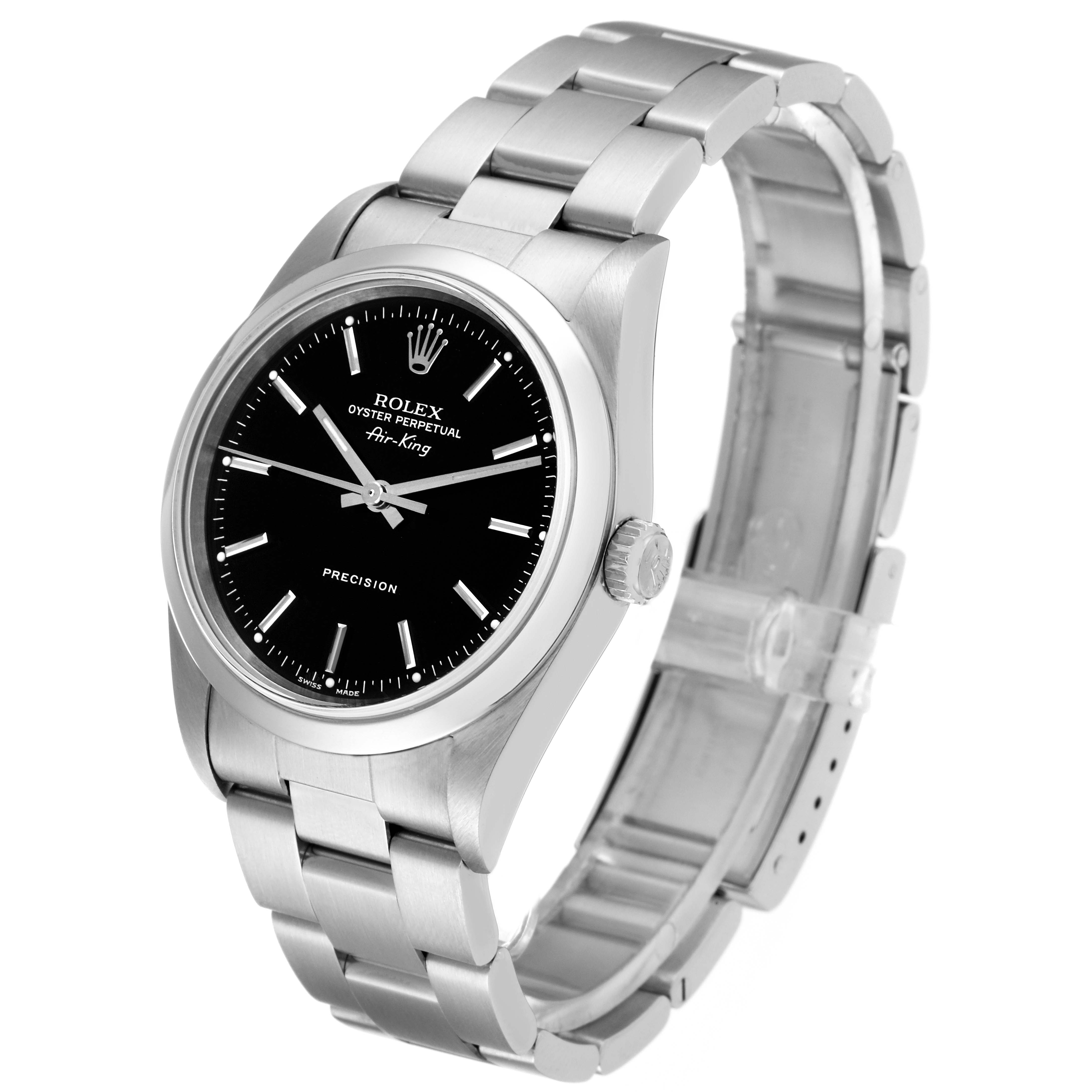 The Rolex Air-King 14000 Men's Stainless Steel Black Dial 14000 Men's Stainless Steel Black Dial watch is shown at a three-quarter angle, highlighting its face, crown, and stainless steel bracelet.
