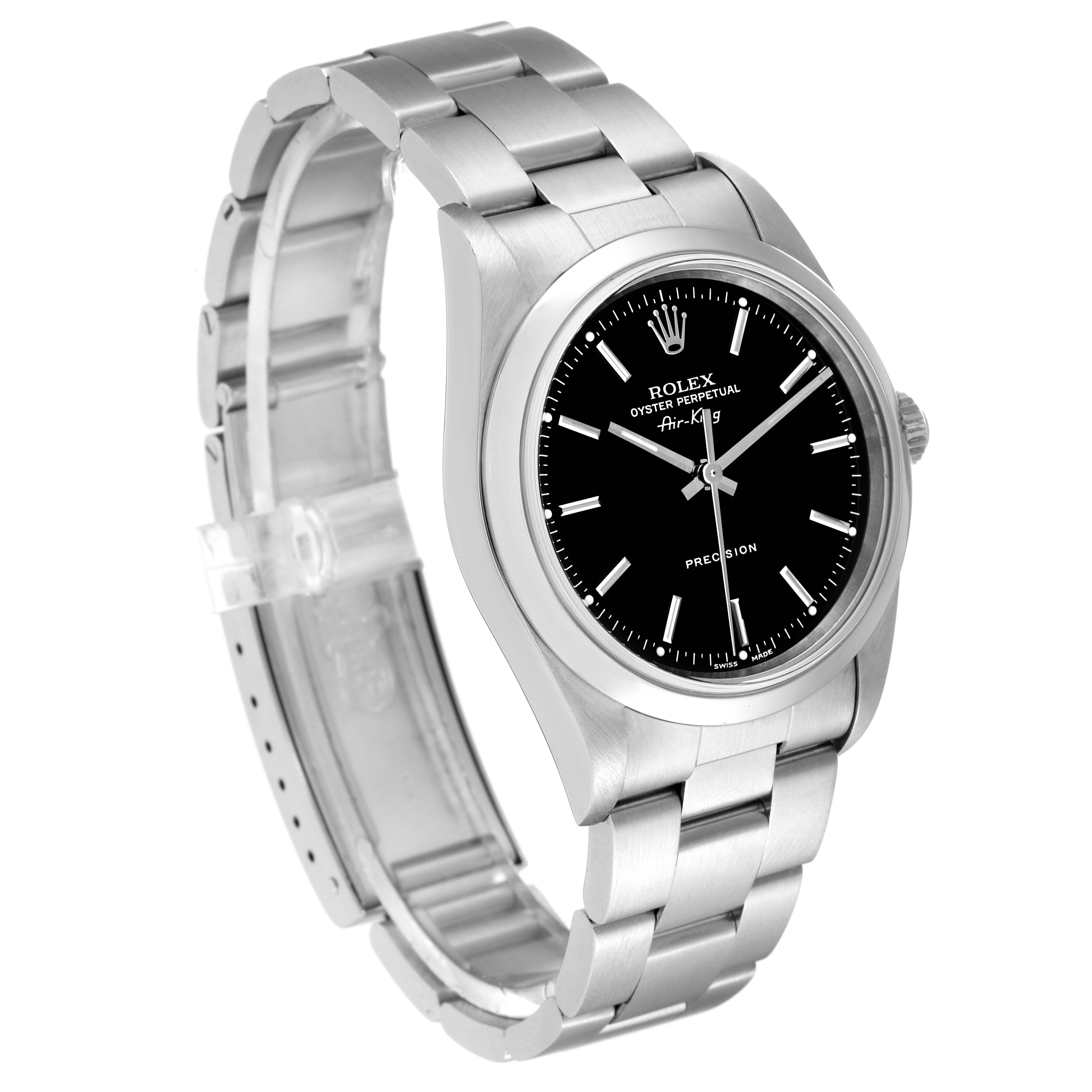 The image shows the Rolex Air-King 14000 Men's Stainless Steel Black Dial 14000 Men's Stainless Steel Black Dial watch at a three-quarter angle, highlighting the dial, bezel, and bracelet.