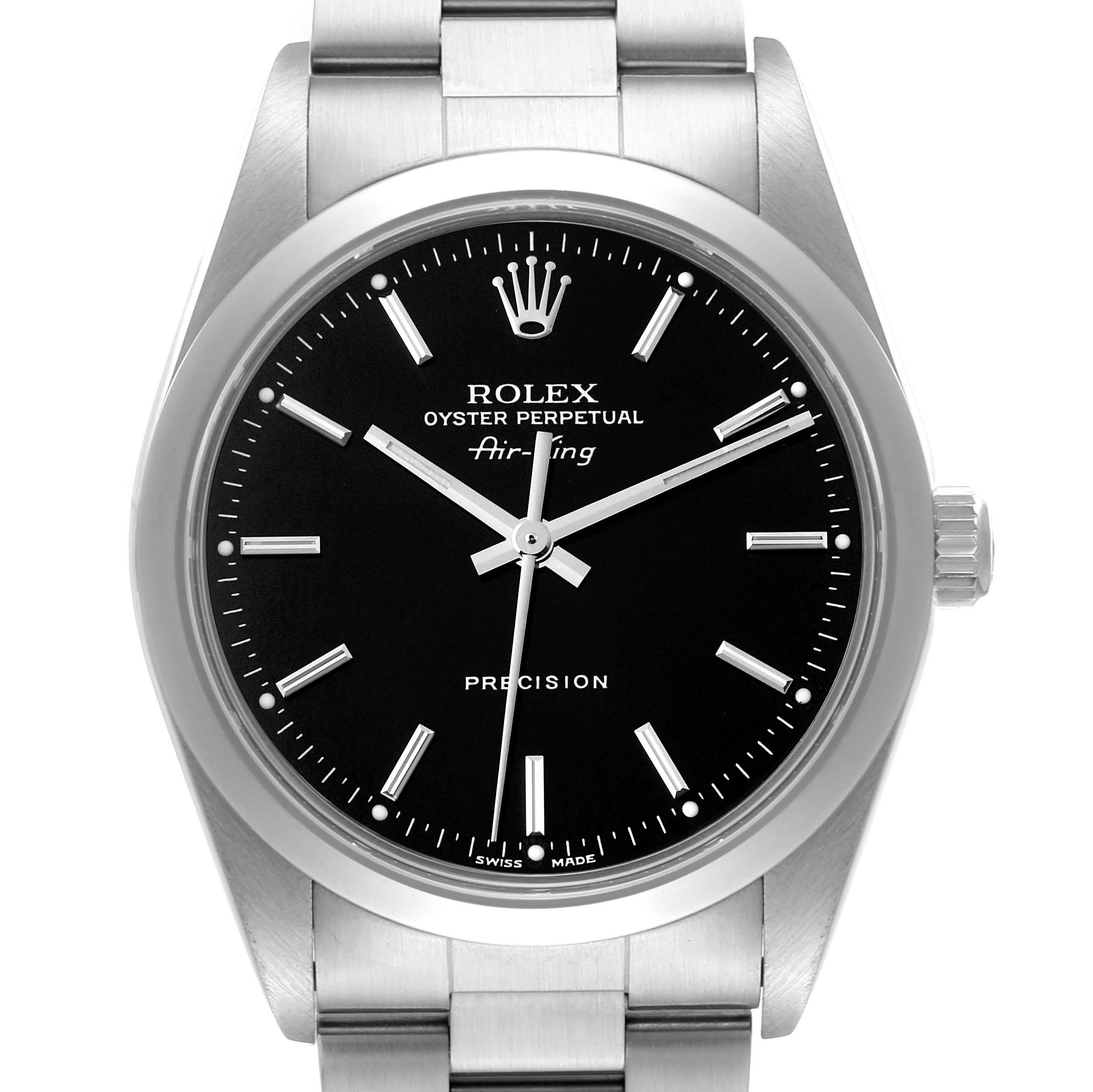 The image shows a front view of the Rolex Air-King 14000 Men's Stainless Steel Black Dial 14000 Men's Stainless Steel Black Dial watch, highlighting its black dial, silver hour markers, and stainless steel bracelet.
