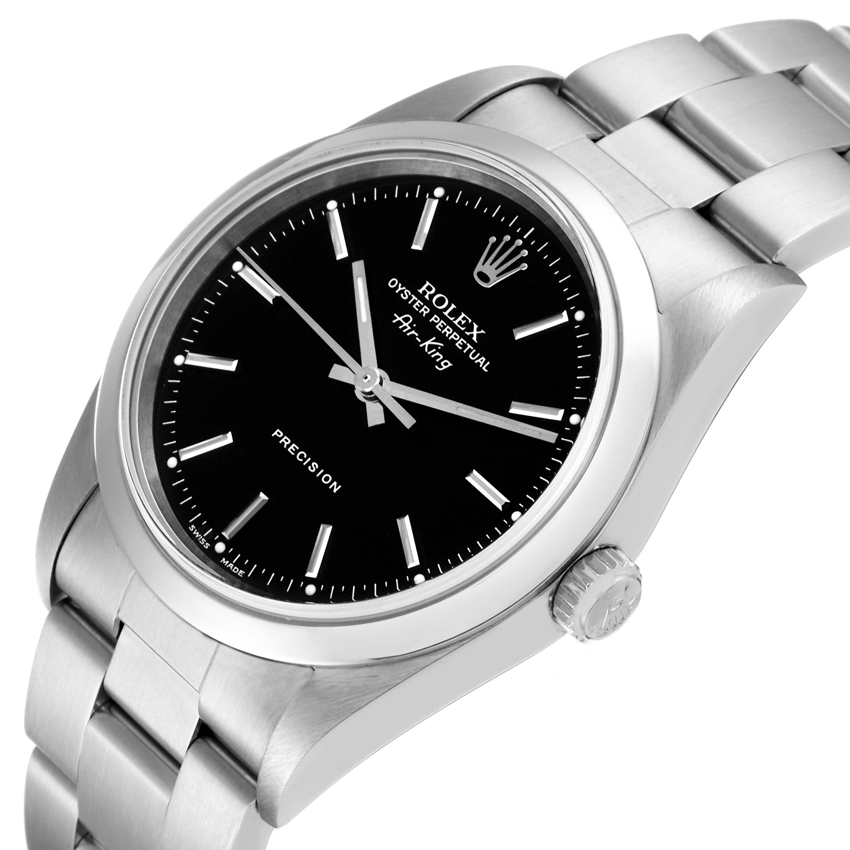 This is a partial side and front view of the Rolex Air-King 14000 Men's Stainless Steel Black Dial 14000 Men's Stainless Steel Black Dial watch, showing its dial, bezel, crown, and bracelet.