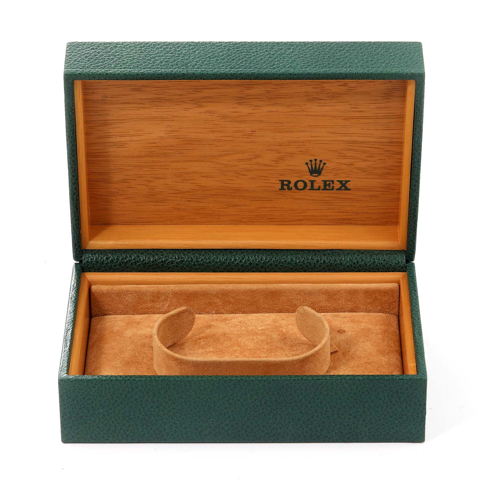 The image shows an open green and wood Rolex box with a cushion inside, typically used to hold an Air-King model watch.