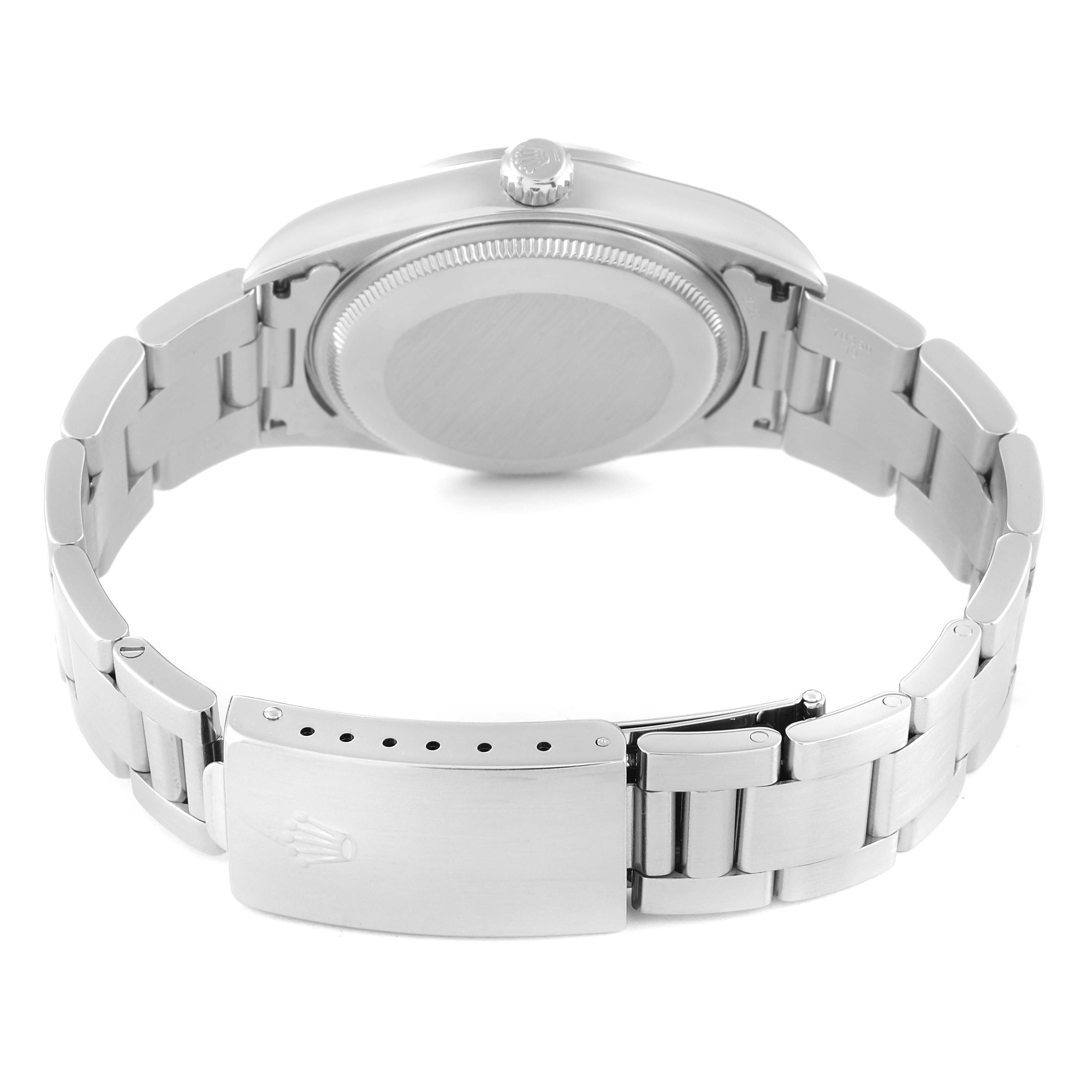 This image shows the back case and bracelet clasp of a Rolex Air-King 14000 Men's Stainless Steel Silver Dial 14000 Men's Stainless Steel Silver Dial watch at an angled view.