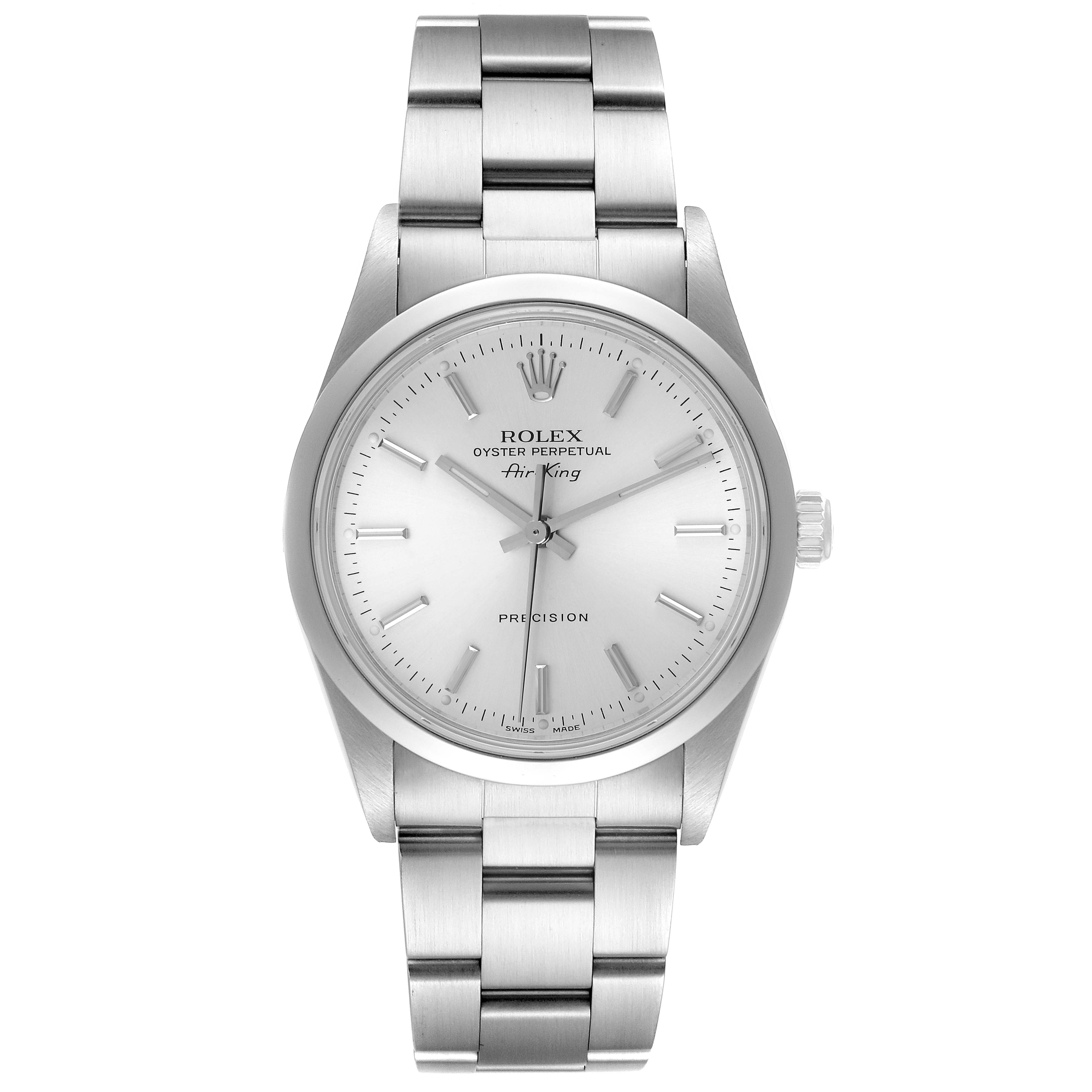 The Rolex Air-King 14000 Men's Stainless Steel Silver Dial 14000 Men's Stainless Steel Silver Dial watch is shown from a front angle, displaying the dial, case, bezel, and bracelet.