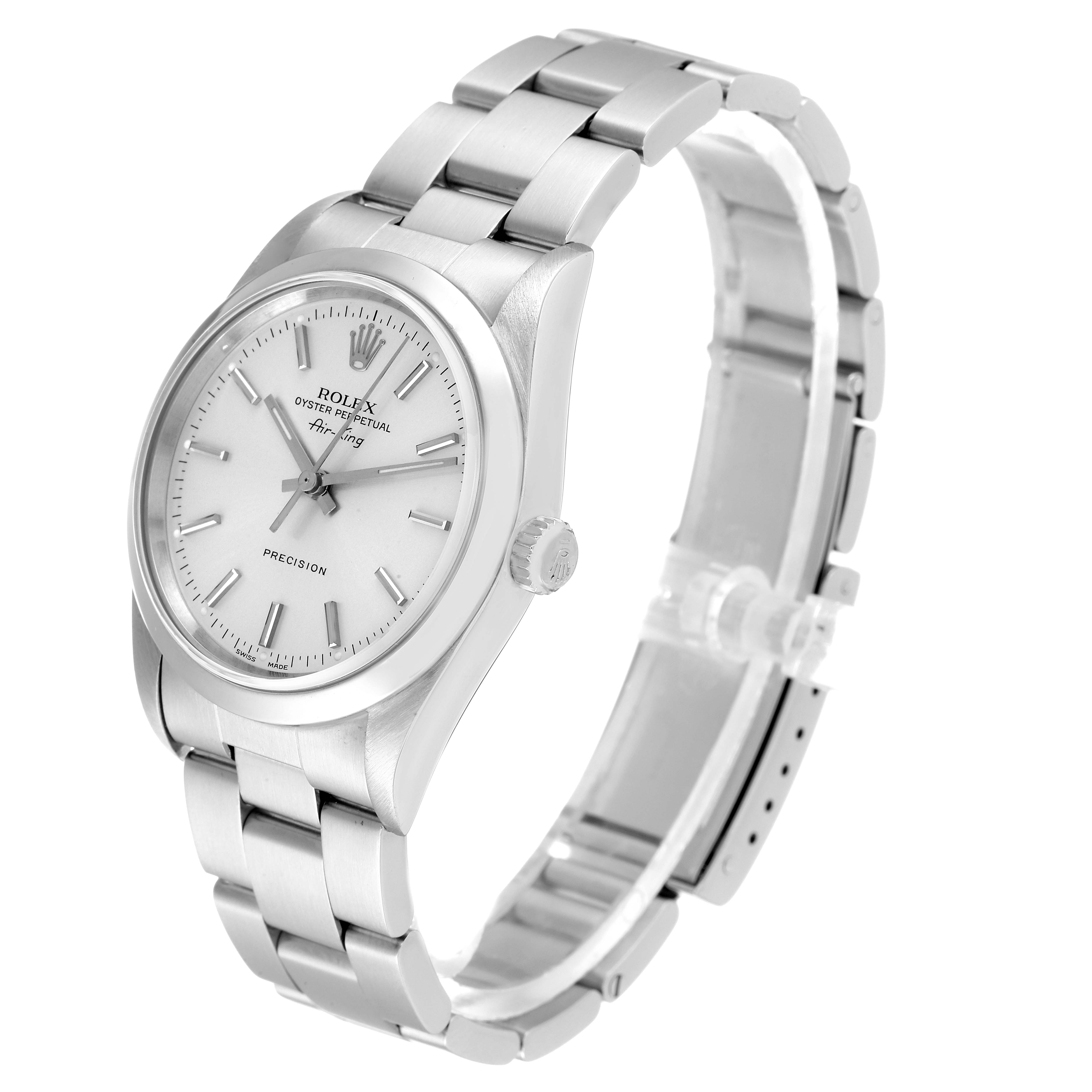 The Rolex Air-King 14000 Men's Stainless Steel Silver Dial 14000 Men's Stainless Steel Silver Dial watch is shown at a 3/4 angle, highlighting its dial, crown, and bracelet.