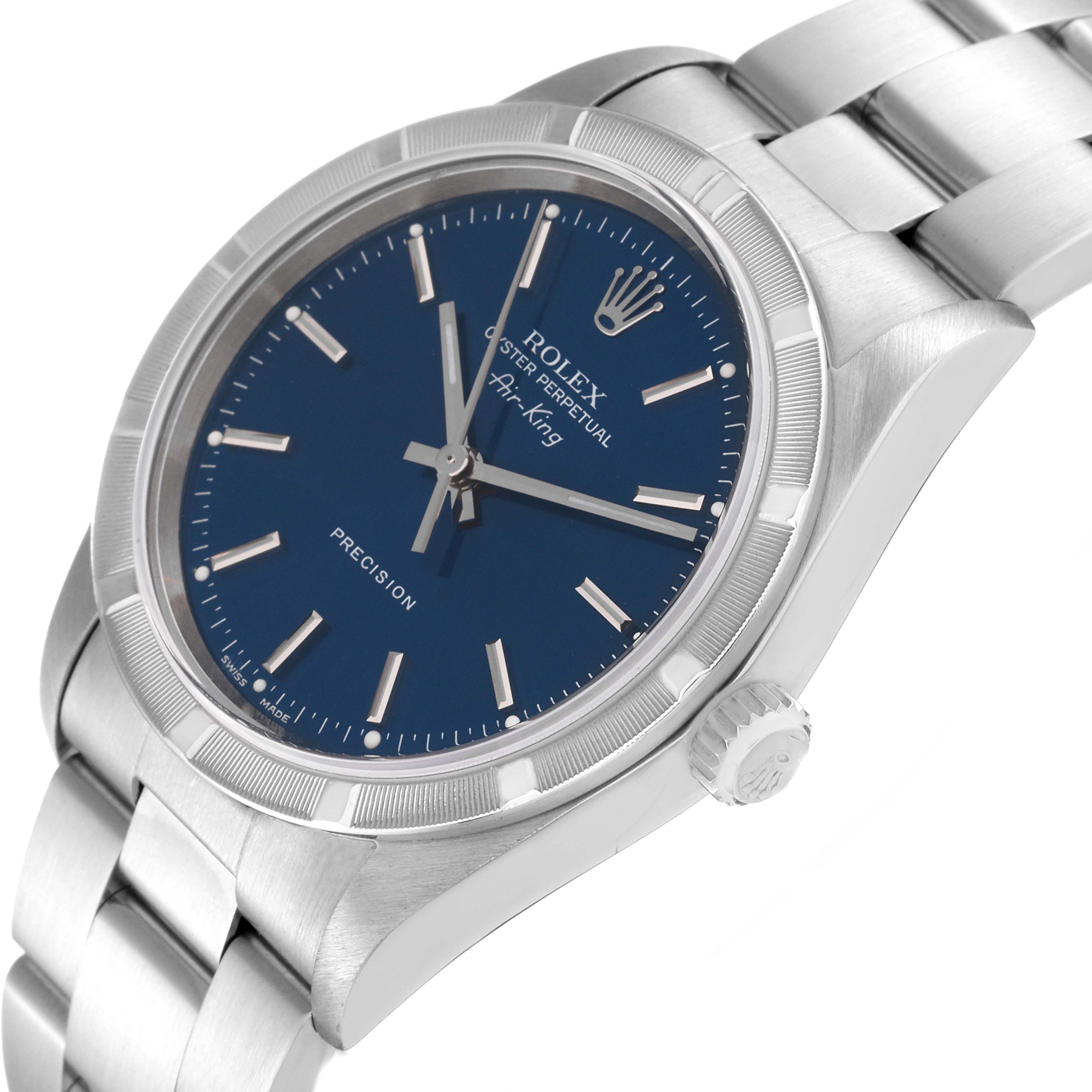 The Rolex Air-King 14010 Men's Stainless Steel Blue Dial 14010 Men's Stainless Steel Blue Dial watch is shown at a slight angle, displaying its dial, bracelet, crown, and case predominantly.
