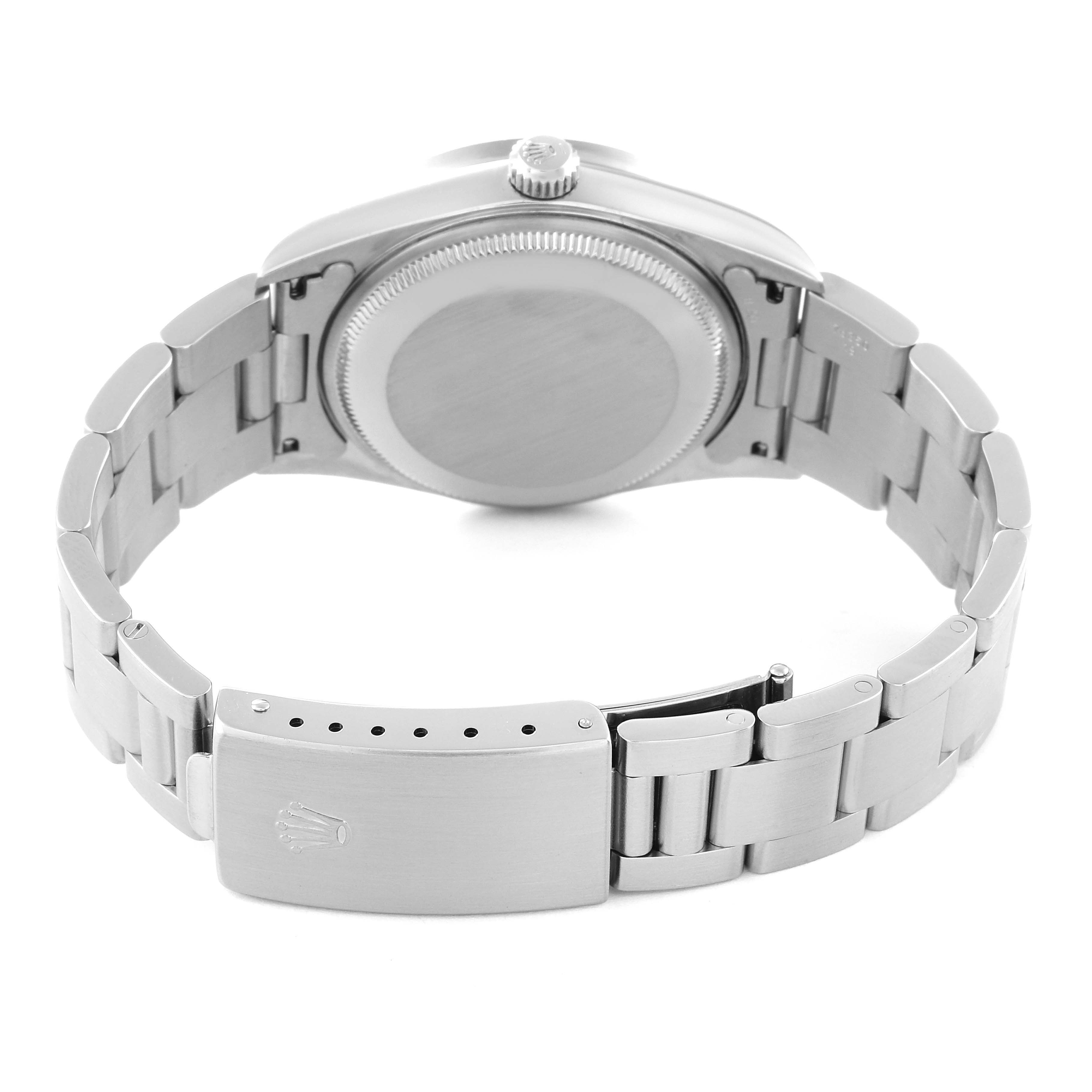 The image shows the back view of the Rolex Air-King 14010 Men's Stainless Steel Blue Dial 14010 Men's Stainless Steel Blue Dial watch, including the clasp and bracelet.