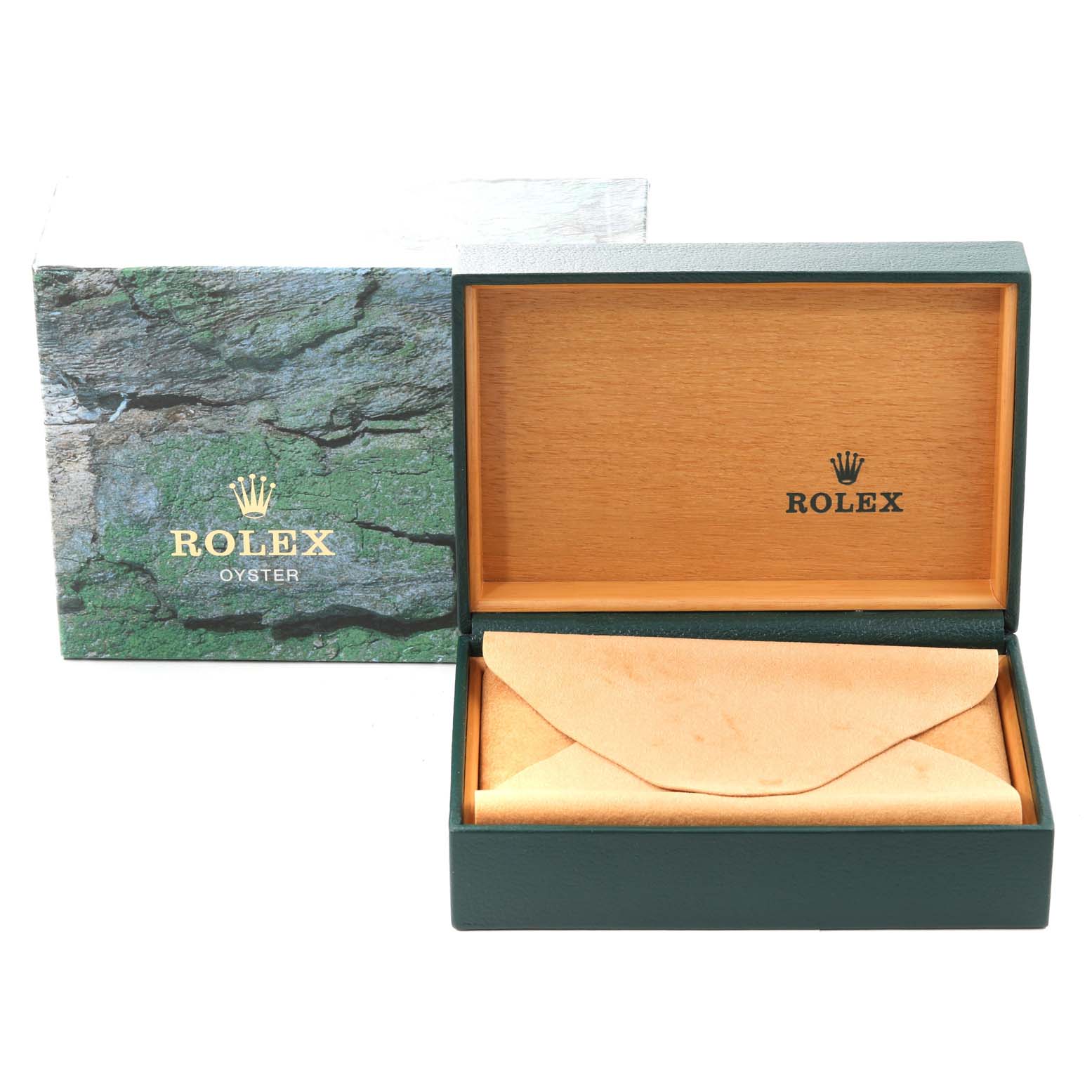 This image shows the open box and cover for the Rolex Air-King 14010 Men's Stainless Steel Blue Dial 14010 Men's Stainless Steel Blue Dial, indicating luxury packaging.