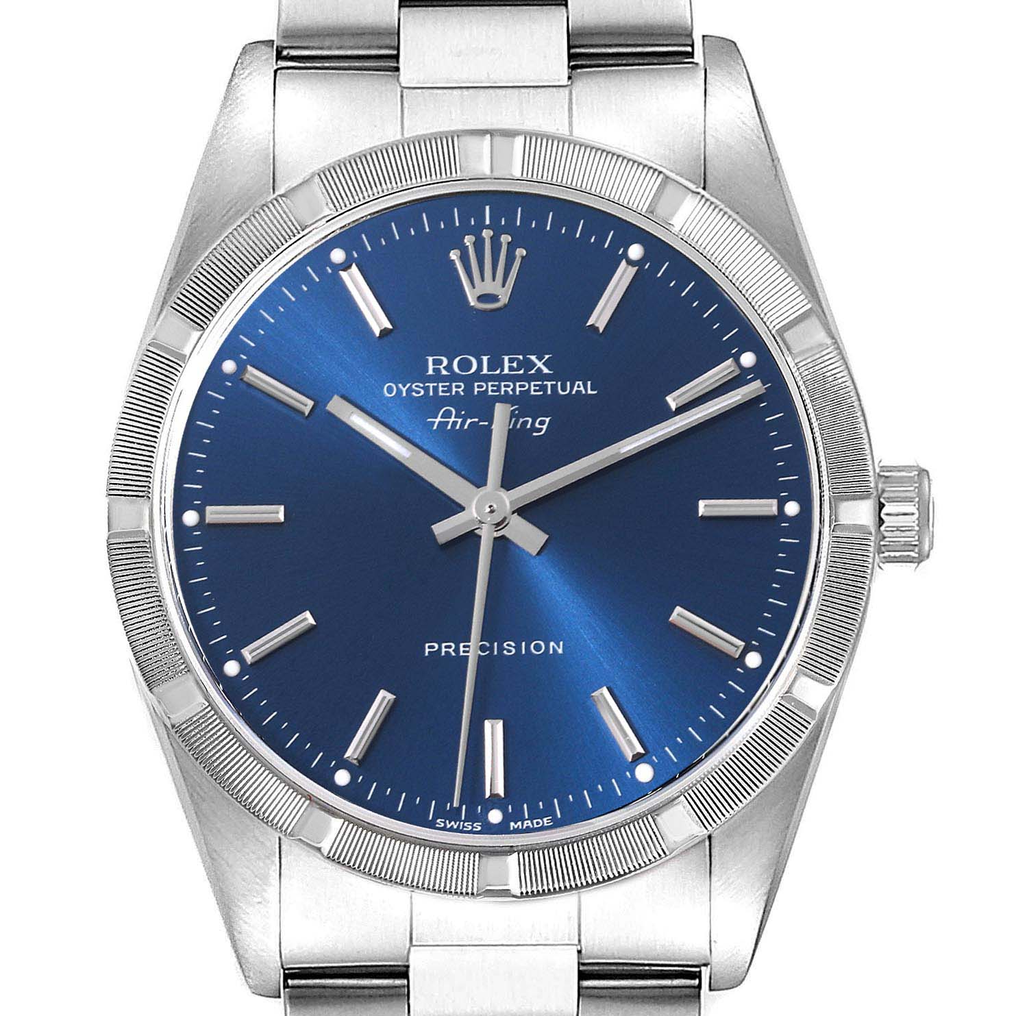 The image shows a front view of a Rolex Air-King 14010 Men's Stainless Steel Blue Dial 14010 Men's Stainless Steel Blue Dial watch displaying the face, bezel, and part of the bracelet.