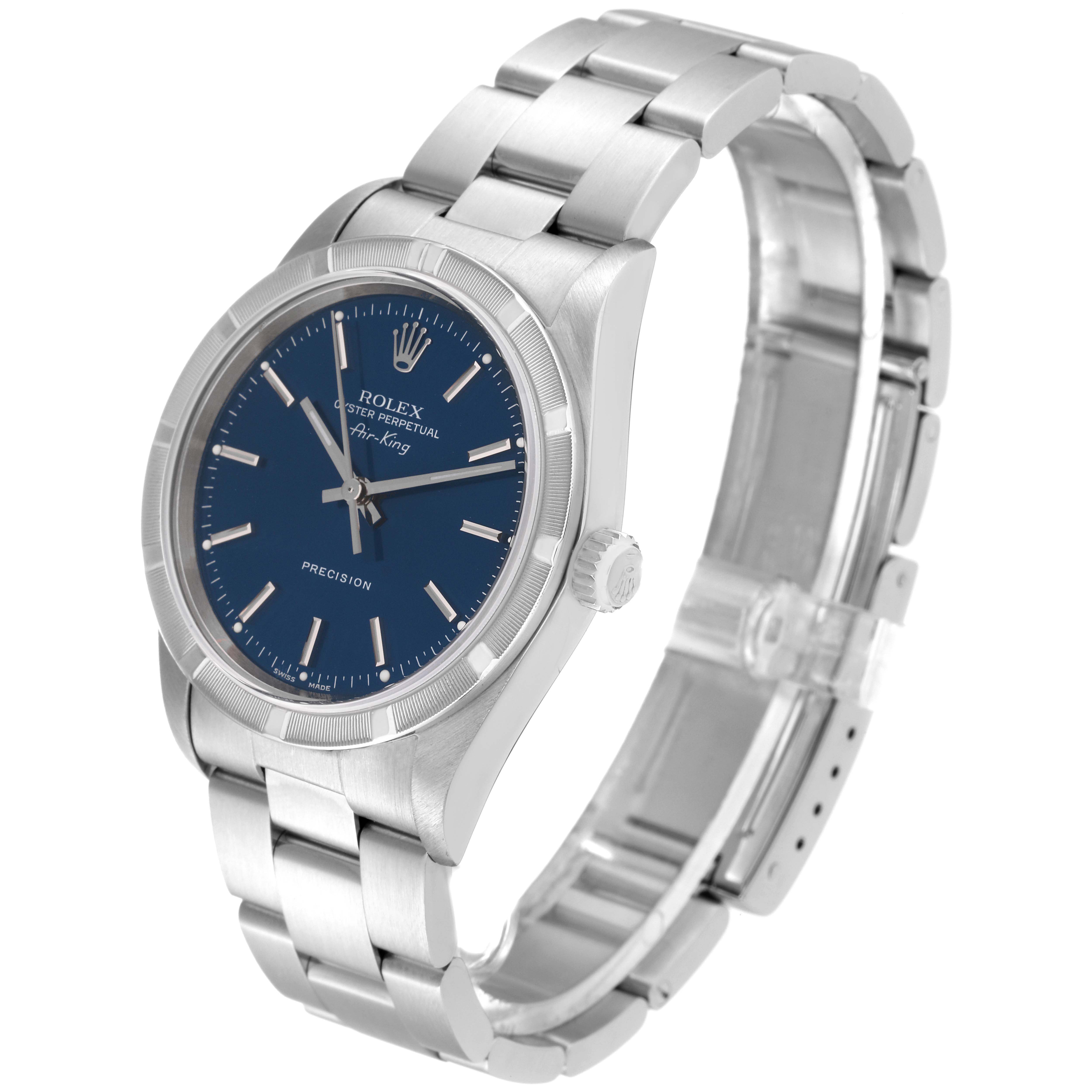 The image shows a Rolex Air-King 14010 Men's Stainless Steel Blue Dial 14010 Men's Stainless Steel Blue Dial watch angled slightly from the front-side, highlighting the blue dial, bezel, case, and metal bracelet.