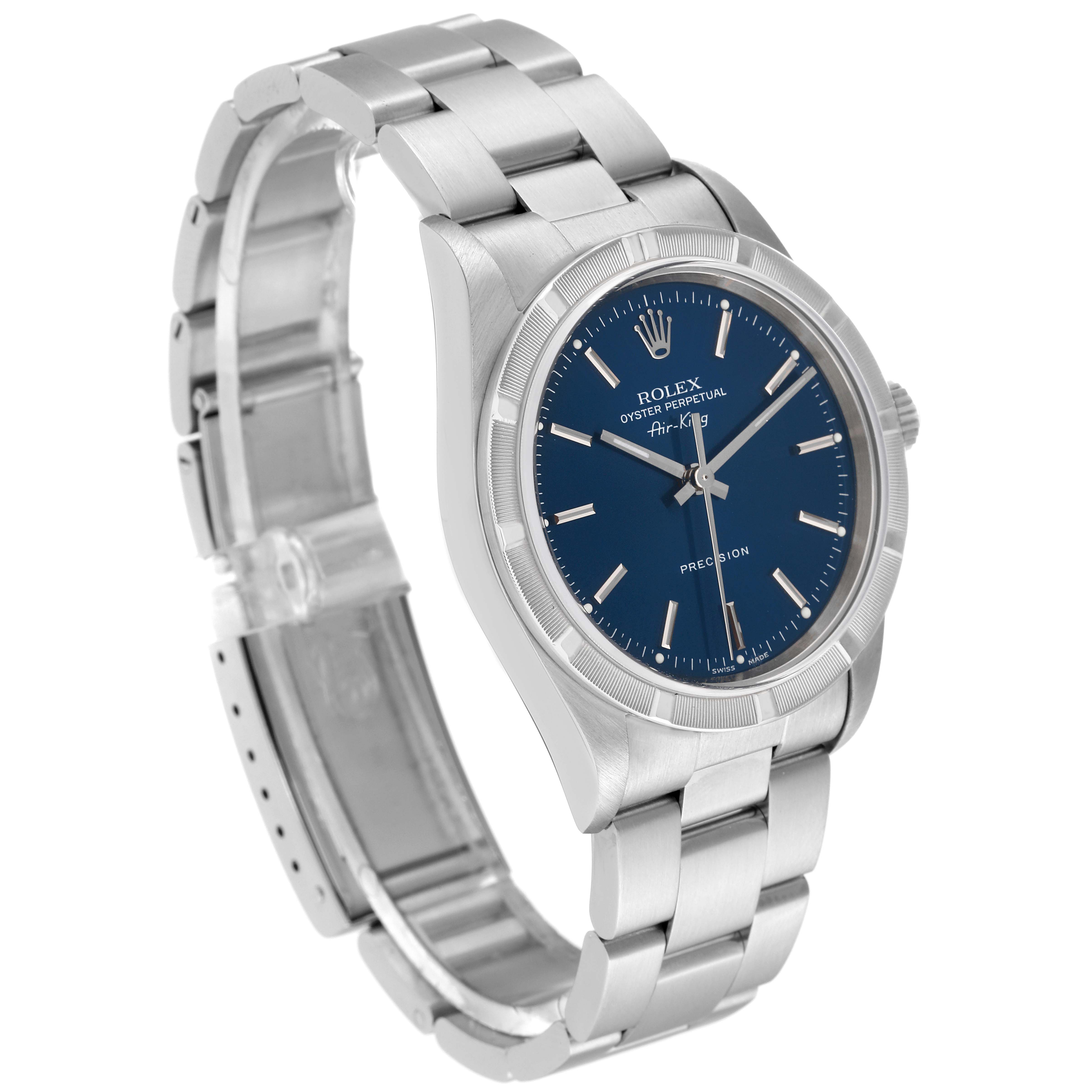 The Rolex Air-King 14010 Men's Stainless Steel Blue Dial 14010 Men's Stainless Steel Blue Dial watch is shown at an angle displaying the bracelet, case, blue dial, and hands.