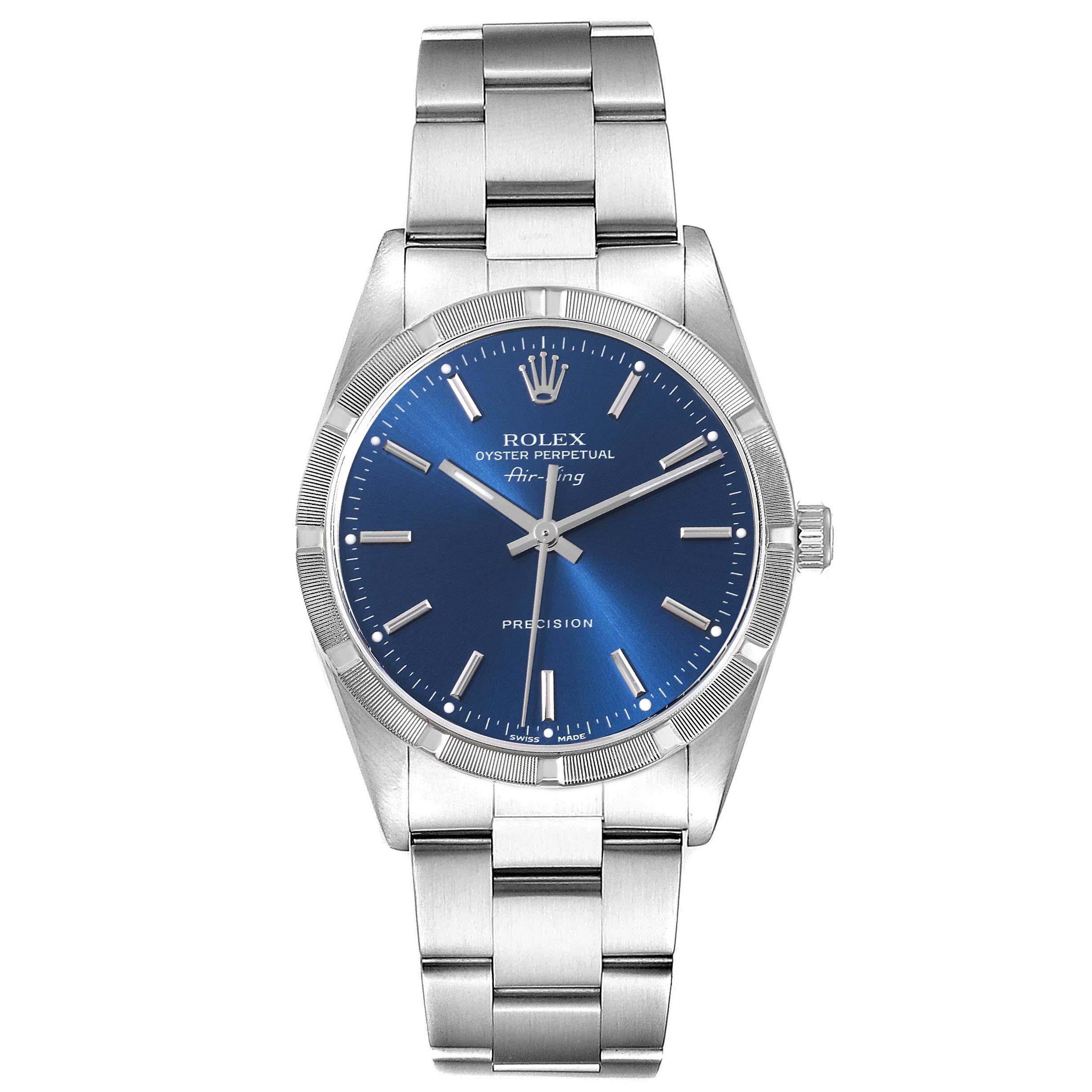 The image shows a front view of a Rolex Air-King 14010 Men's Stainless Steel Blue Dial 14010 Men's Stainless Steel Blue Dial watch, displaying its blue dial, logo, hour markers, and metal bracelet.