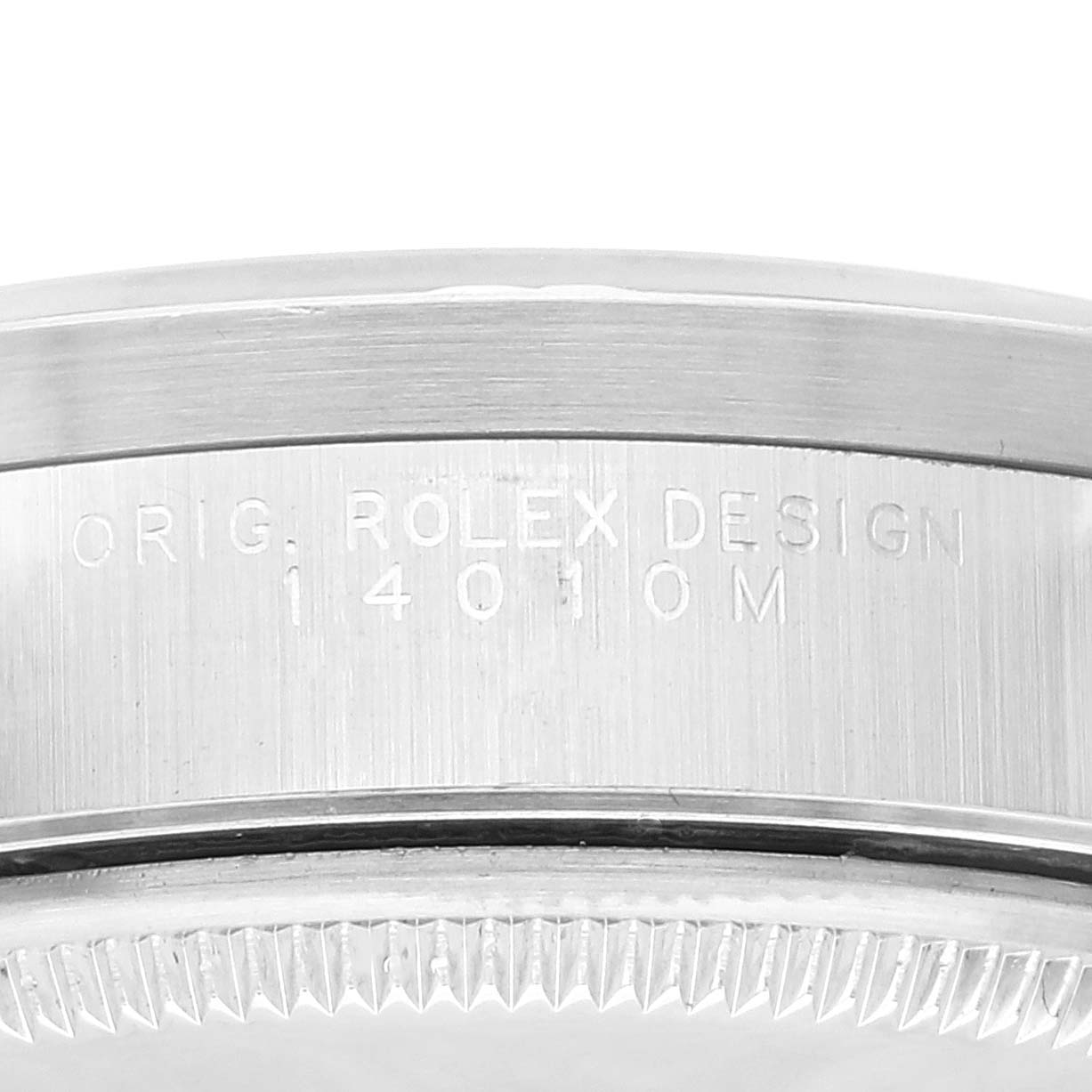This image shows a close-up of the side of the case, including the engraved design model number, of a Rolex Air-King 14010 Men's Stainless Steel Blue Dial 14010 Men's Stainless Steel Blue Dial watch.