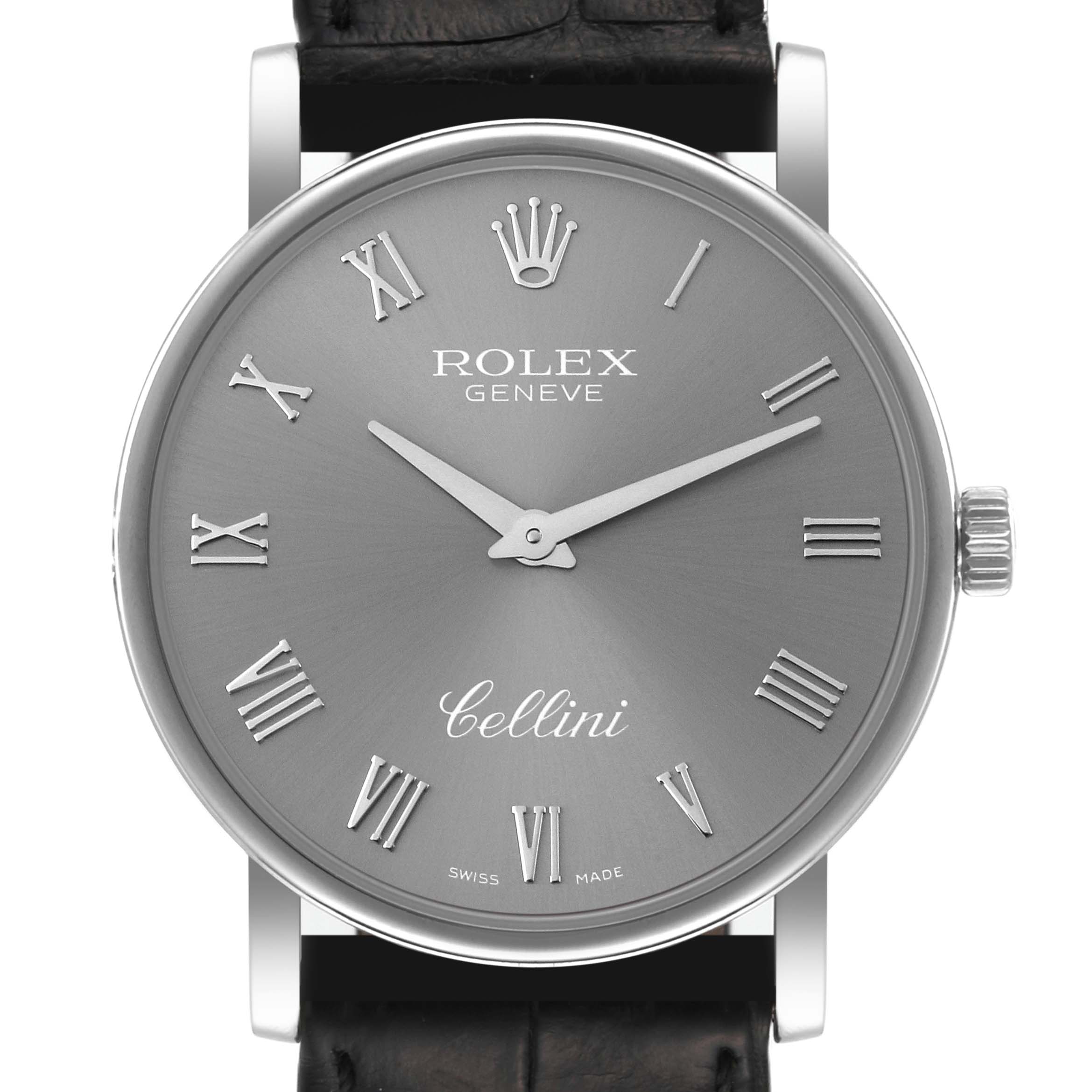 The image displays a Rolex Cellini 5115 Men's White Gold Grey Dial 5115 Men's White Gold Grey Dial watch face straight-on, showing its grey dial with Roman numerals and leather strap.