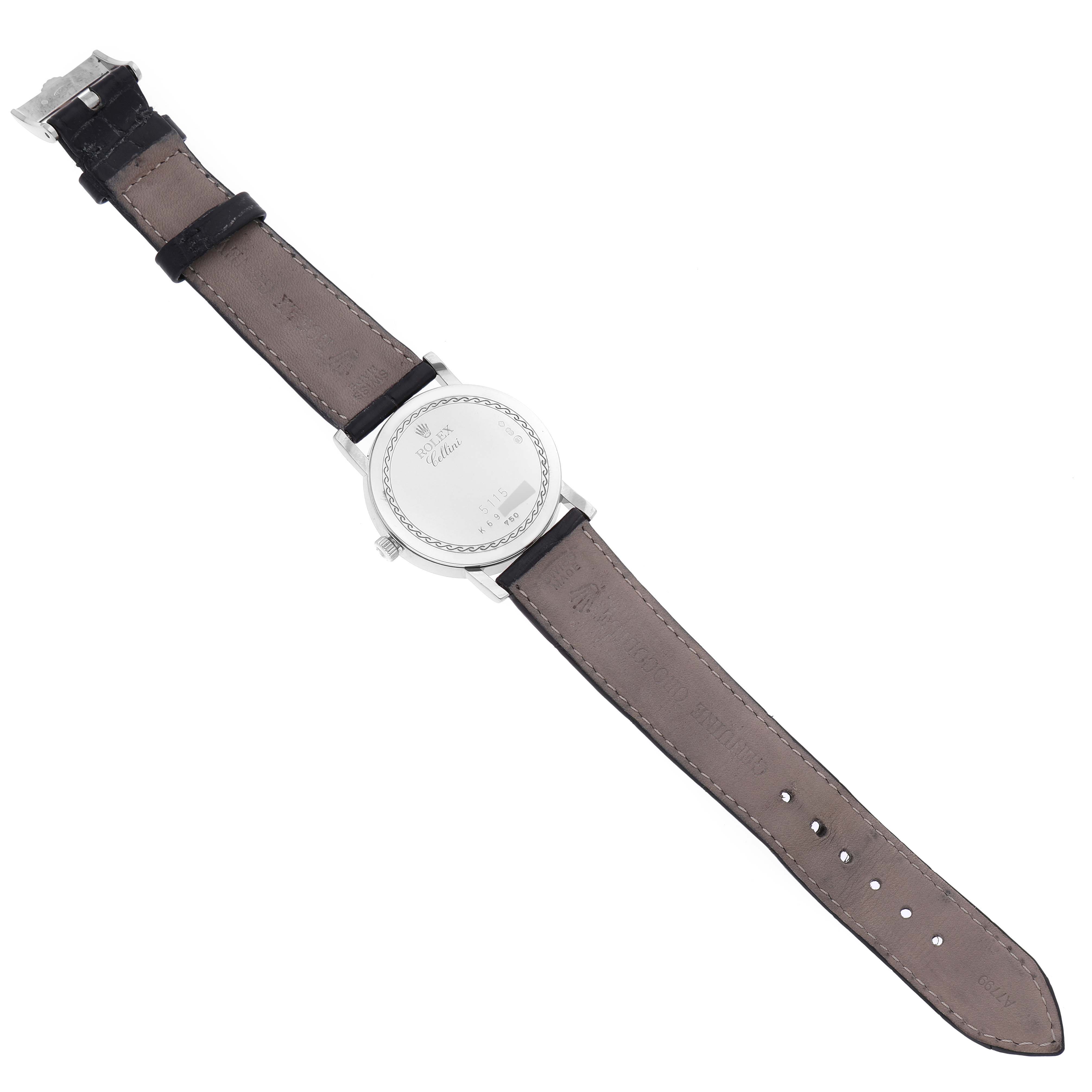 The image shows the back of a Rolex Cellini 5115 Men's White Gold Grey Dial 5115 Men's White Gold Grey Dial watch, displaying its case back and leather strap.