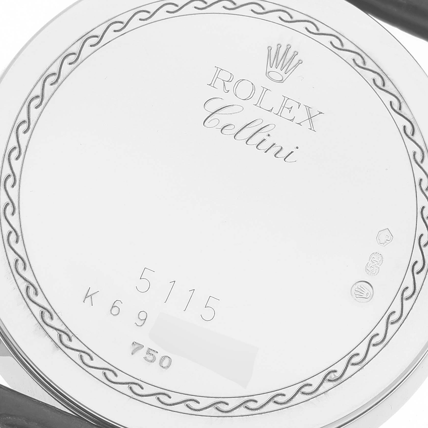 The image shows the back case of a Rolex Cellini 5115 Men's White Gold Grey Dial 5115 Men's White Gold Grey Dial watch, featuring the model details and hallmark engravings.