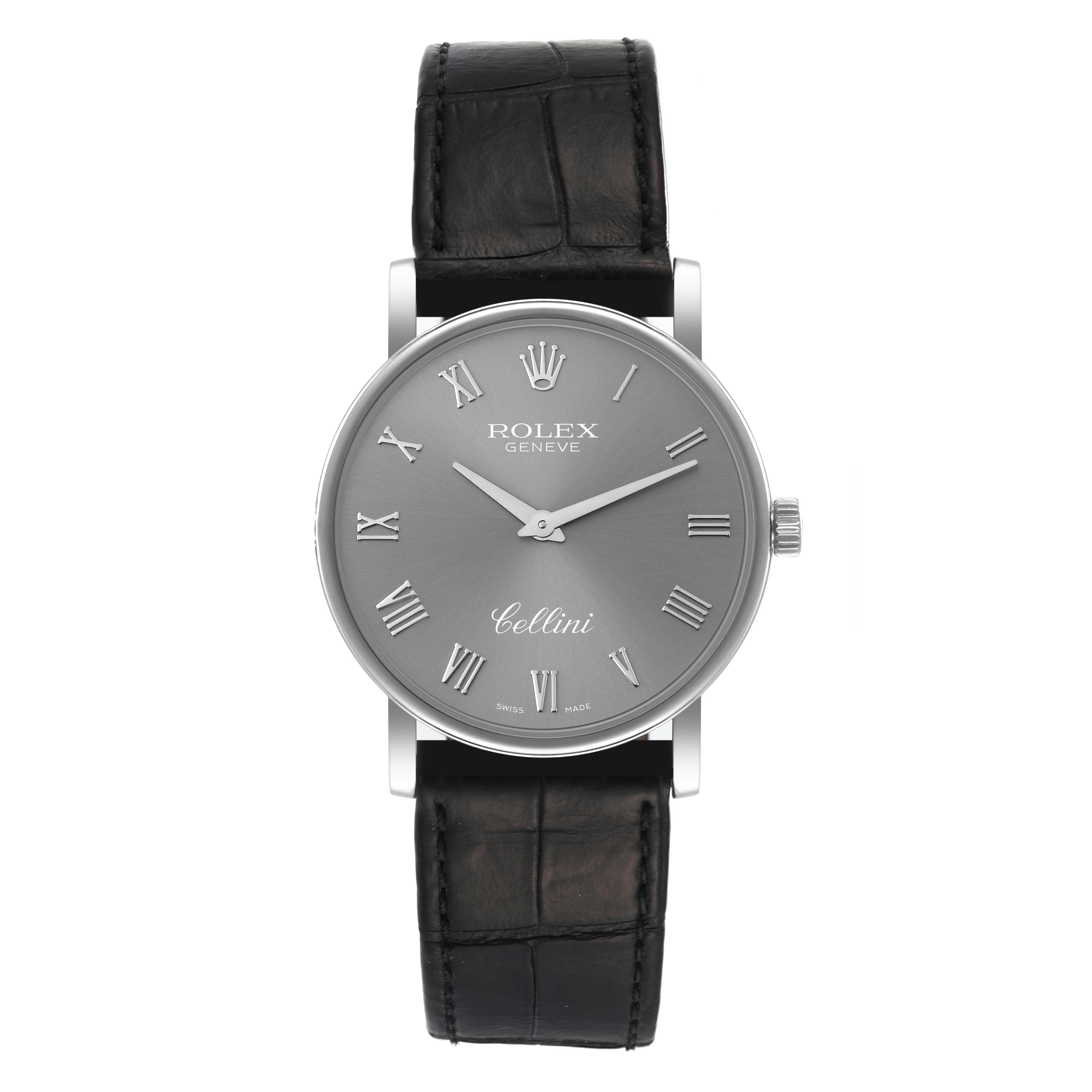 The image shows a front view of the Rolex Cellini 5115 Men's White Gold Grey Dial 5115 Men's White Gold Grey Dial watch, featuring its face, dial, and strap.