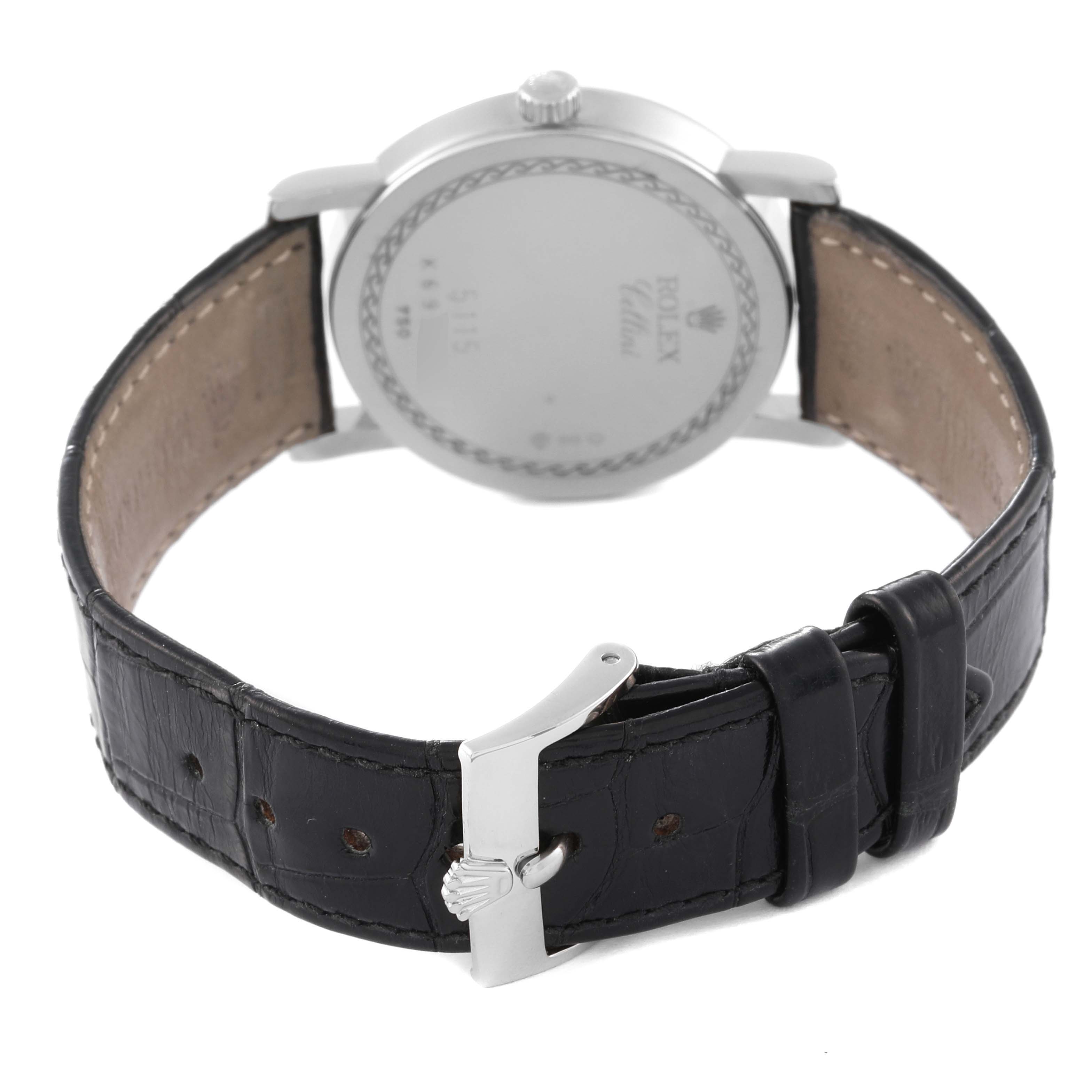 The image shows the back view of a Rolex Cellini 5115 Men's White Gold Grey Dial 5115 Men's White Gold Grey Dial watch, highlighting the case back, leather strap, and buckle.