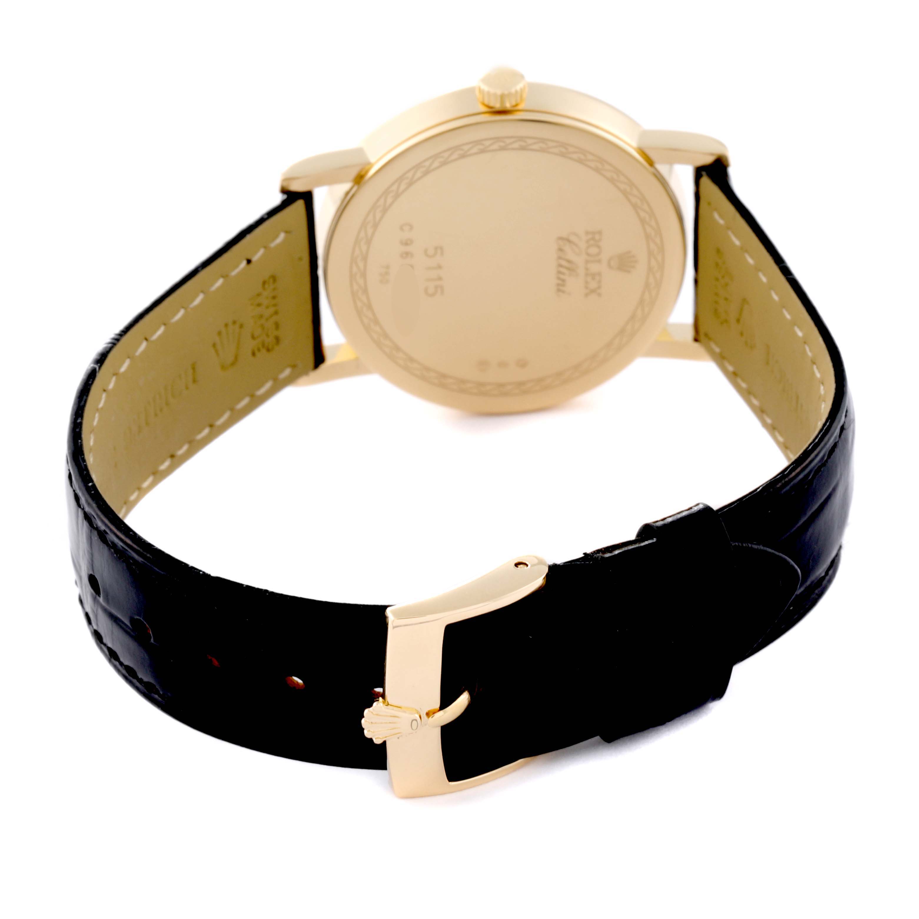 The image shows the back of the Rolex Cellini 5115 Men's Yellow Gold Champagne Dial 5115 Men's Yellow Gold Champagne Dial model watch, highlighting its gold case and black leather strap with a gold buckle.
