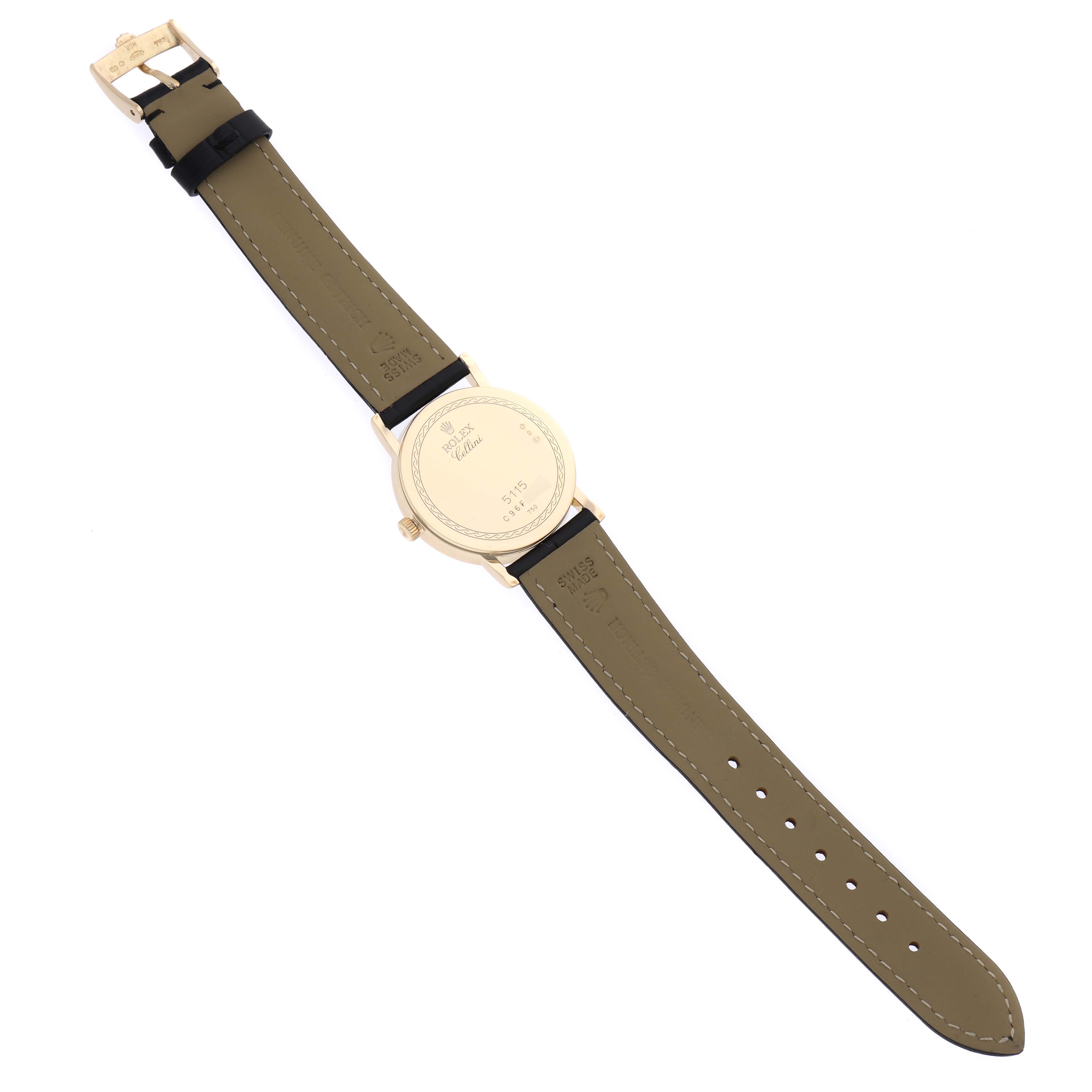 This image shows the back view of a Rolex Cellini 5115 Men's Yellow Gold Champagne Dial 5115 Men's Yellow Gold Champagne Dial watch, emphasizing the caseback, strap, and buckle.