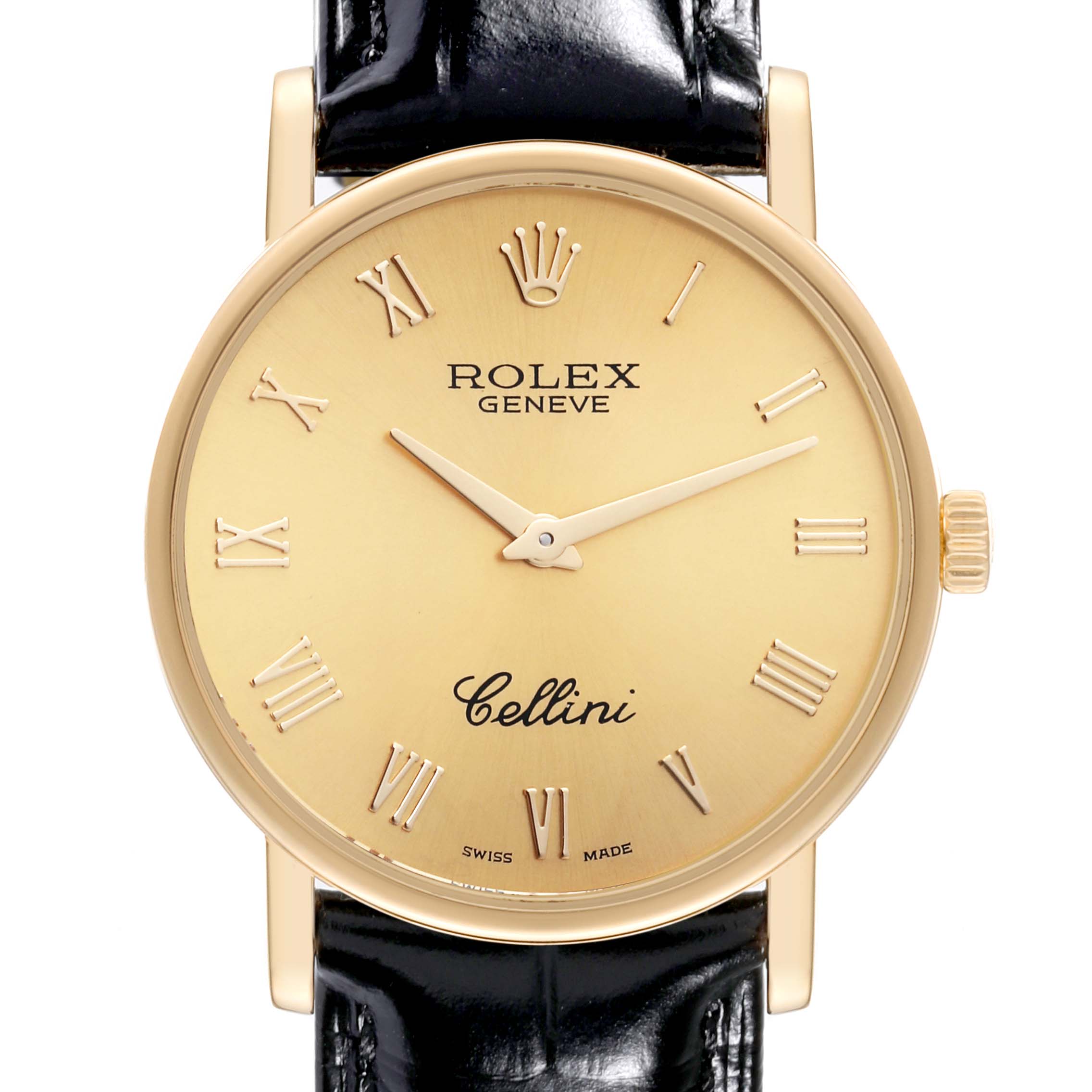 The image shows a frontal view of a Rolex Cellini 5115 Men's Yellow Gold Champagne Dial 5115 Men's Yellow Gold Champagne Dial watch showcasing its dial, hands, crown, and part of the black strap.