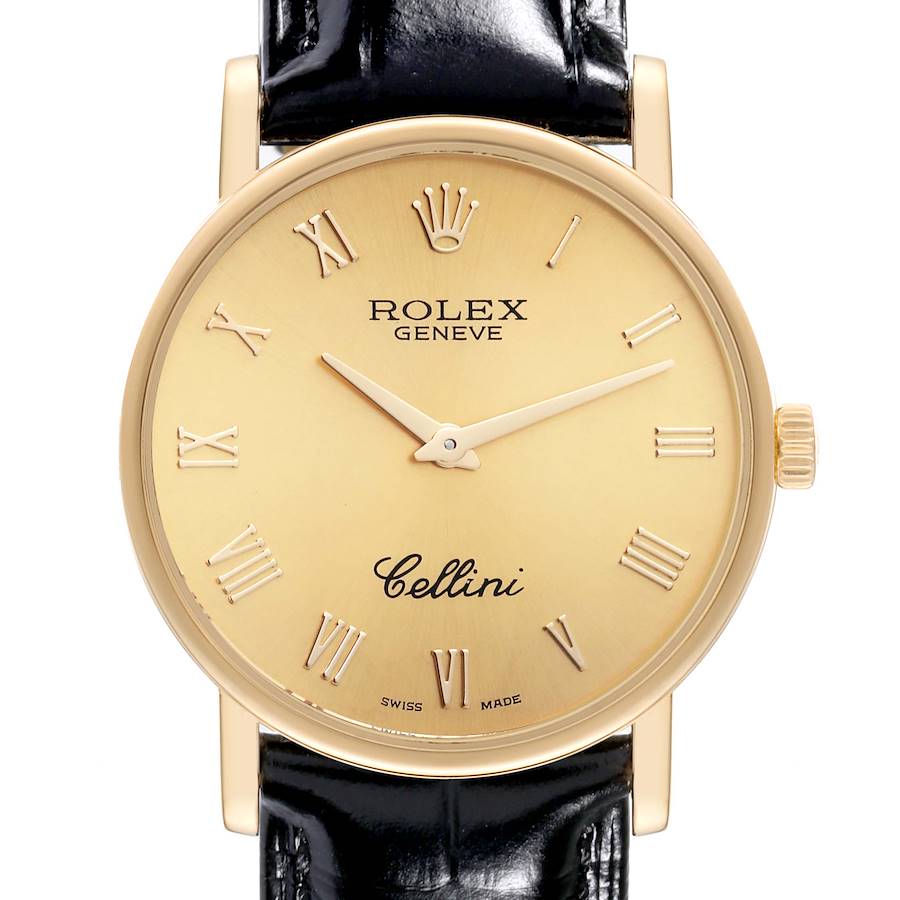 The image shows a frontal view of a Rolex Cellini watch showcasing its dial, hands, crown, and part of the black strap.