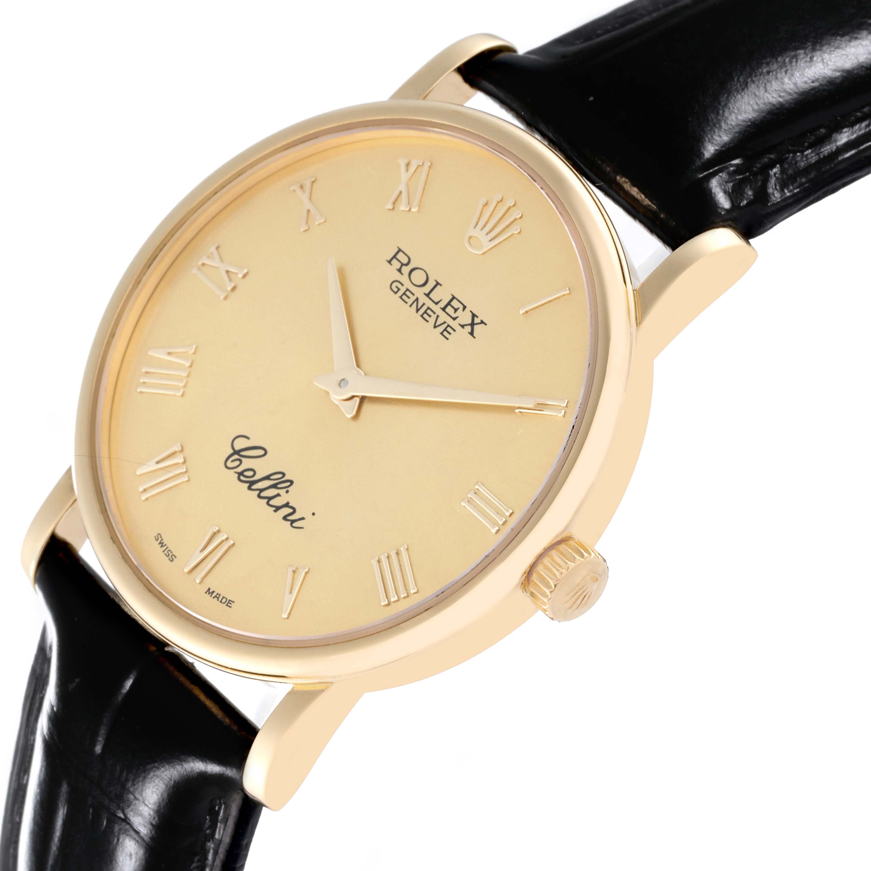 The Rolex Cellini 5115 Men's Yellow Gold Champagne Dial 5115 Men's Yellow Gold Champagne Dial watch is shown at an angled view, highlighting its face, Roman numerals, crown, and black leather strap.