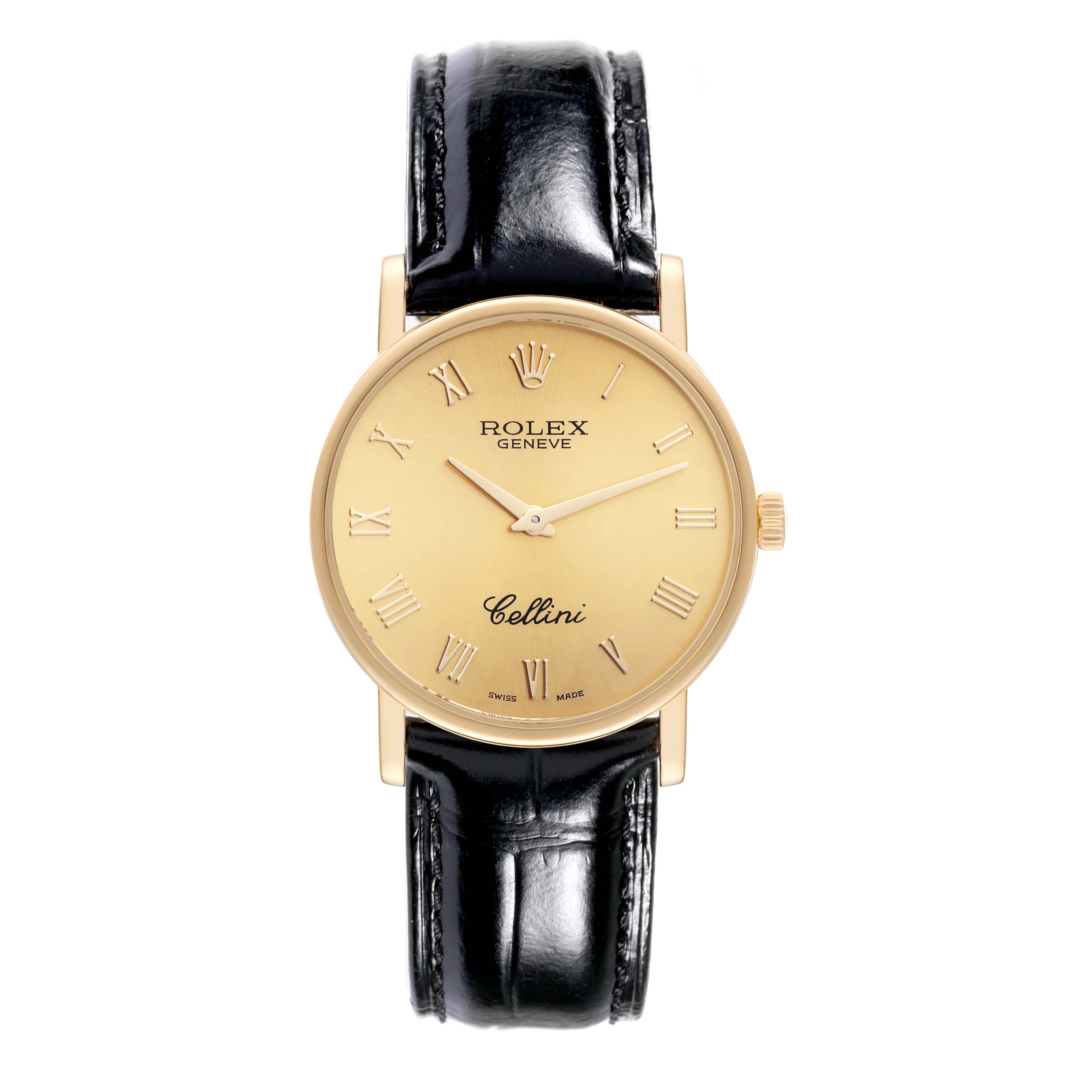 This is a front view of the Rolex Cellini 5115 Men's Yellow Gold Champagne Dial 5115 Men's Yellow Gold Champagne Dial watch, displaying the watch face, crown, and leather strap.