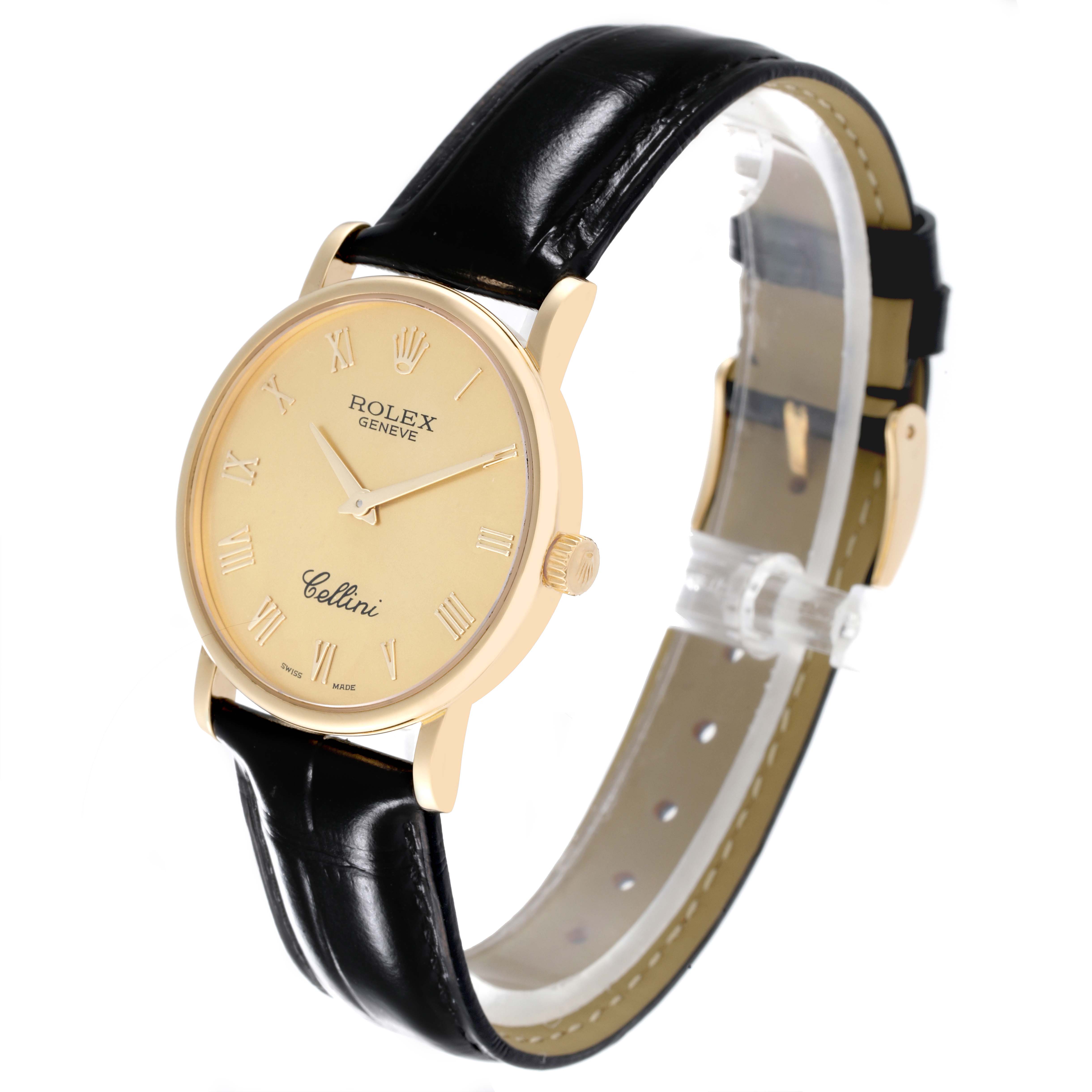 The image shows a Rolex Cellini 5115 Men's Yellow Gold Champagne Dial 5115 Men's Yellow Gold Champagne Dial watch at a three-quarter angle, displaying its dial, case, crown, and leather strap.