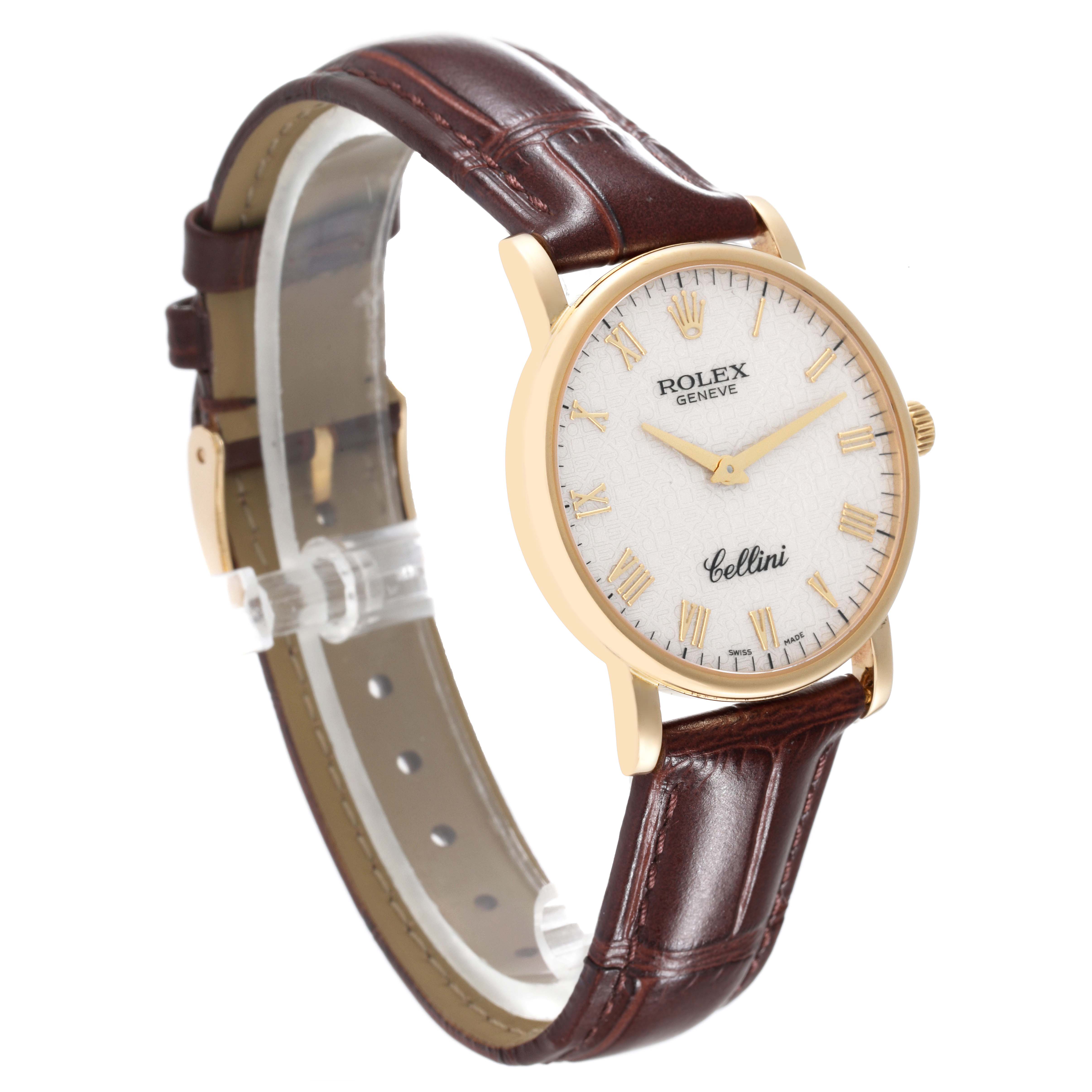 This image shows a Rolex Cellini 5115/8 Men's Yellow Gold White Dial 5115/8 Men's Yellow Gold White Dial watch at a three-quarter angle, highlighting its face, bezel, and leather strap.