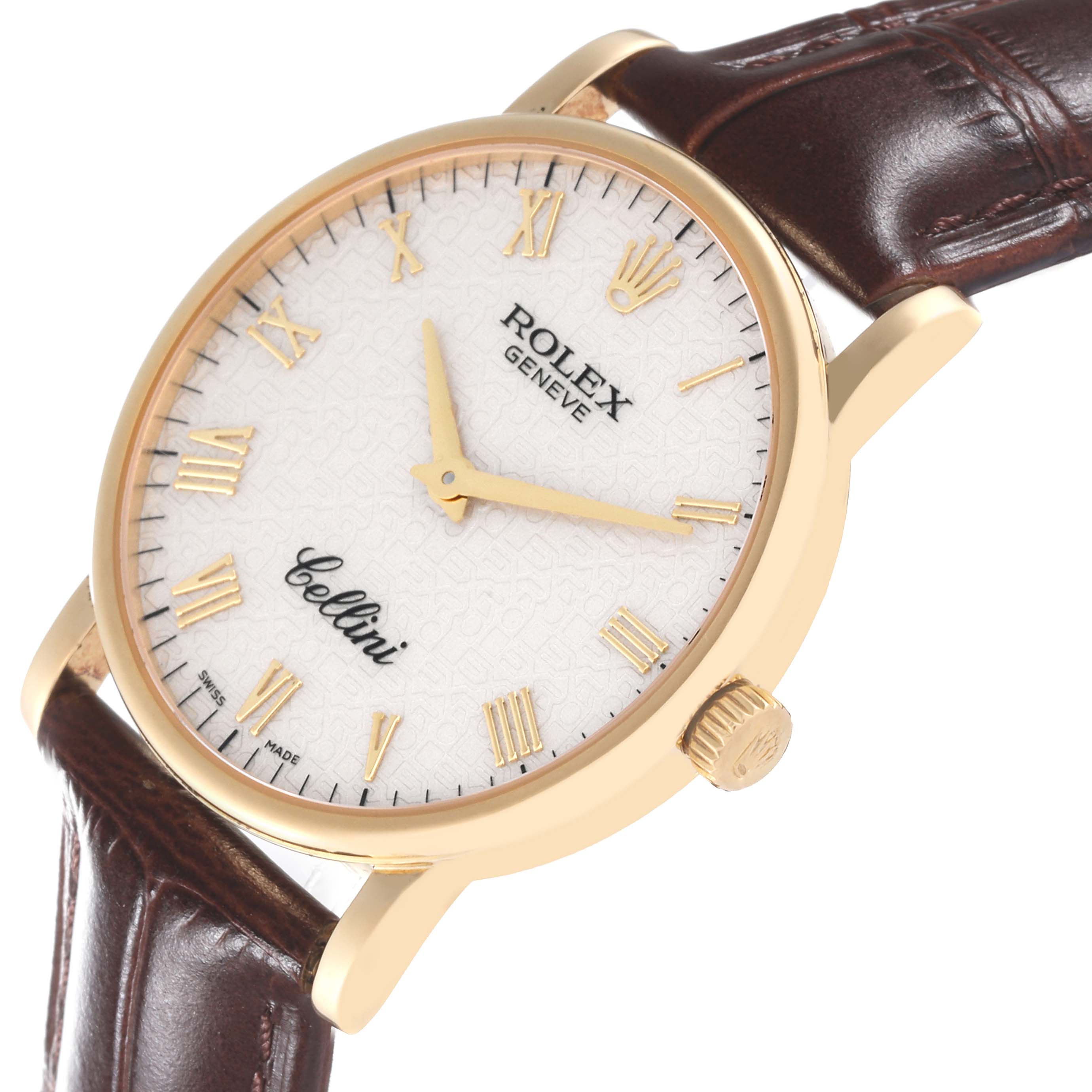 The image shows a close-up of the Rolex Cellini 5115/8 Men's Yellow Gold White Dial 5115/8 Men's Yellow Gold White Dial watch face, crown, and lugs, captured at an angled view.