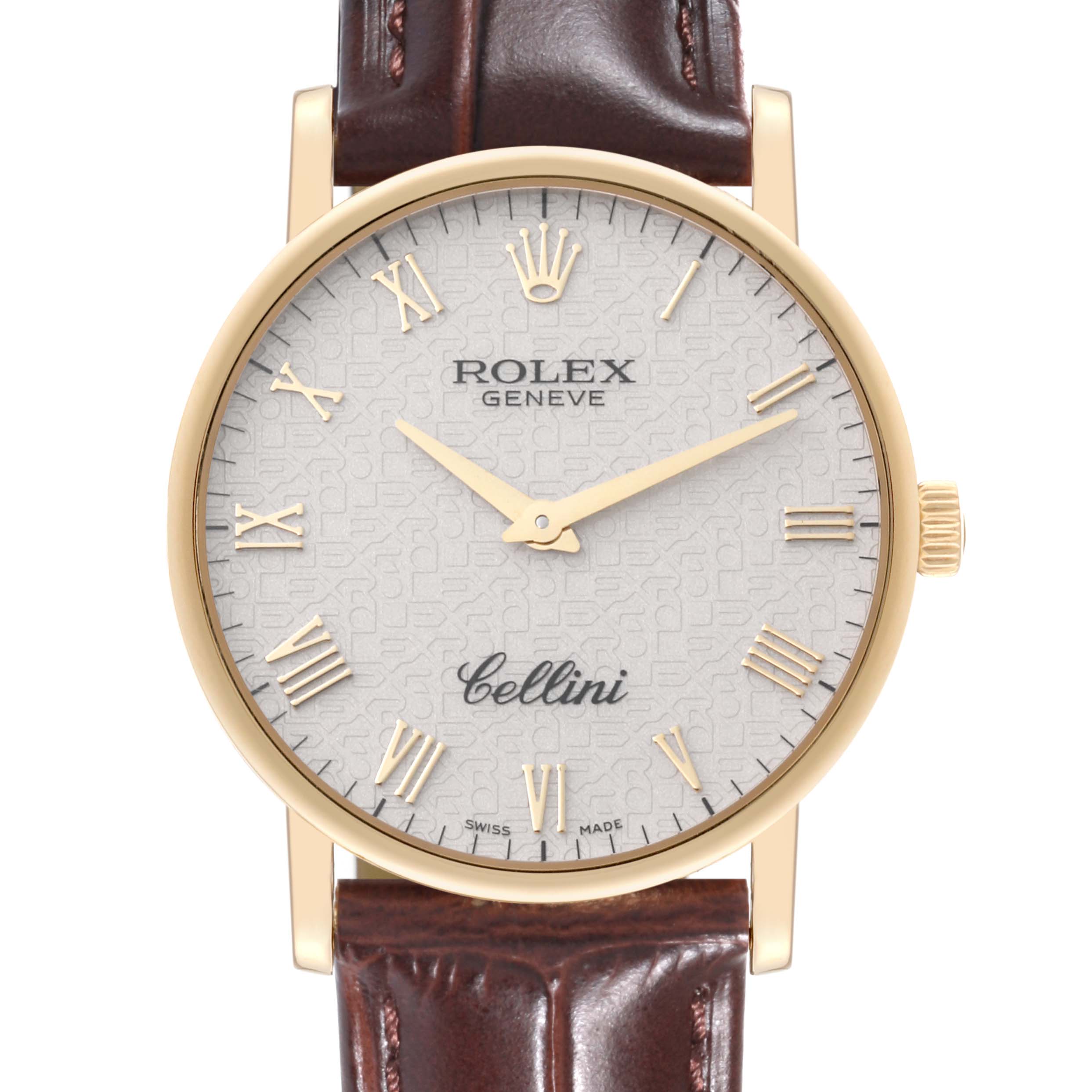 The image shows a front view of a Rolex Cellini 5115/8 Men's Yellow Gold White Dial 5115/8 Men's Yellow Gold White Dial watch featuring a gold case, Roman numerals, a white textured dial, and a brown leather strap.