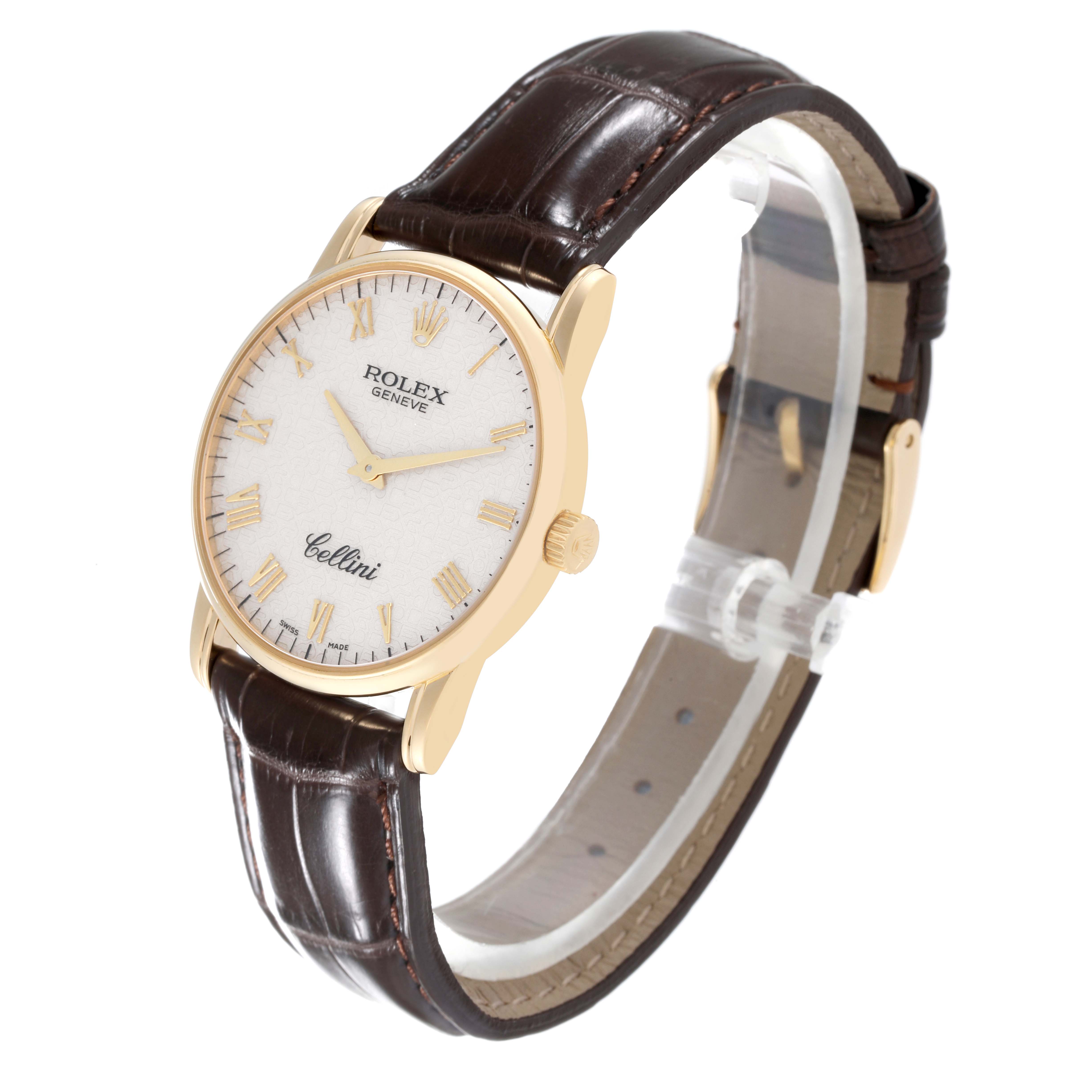 The image shows a Rolex Cellini 5116/8 Men's Yellow Gold White Dial 5116/8 Men's Yellow Gold White Dial watch at a three-quarter angle, highlighting the dial, case, and leather strap.