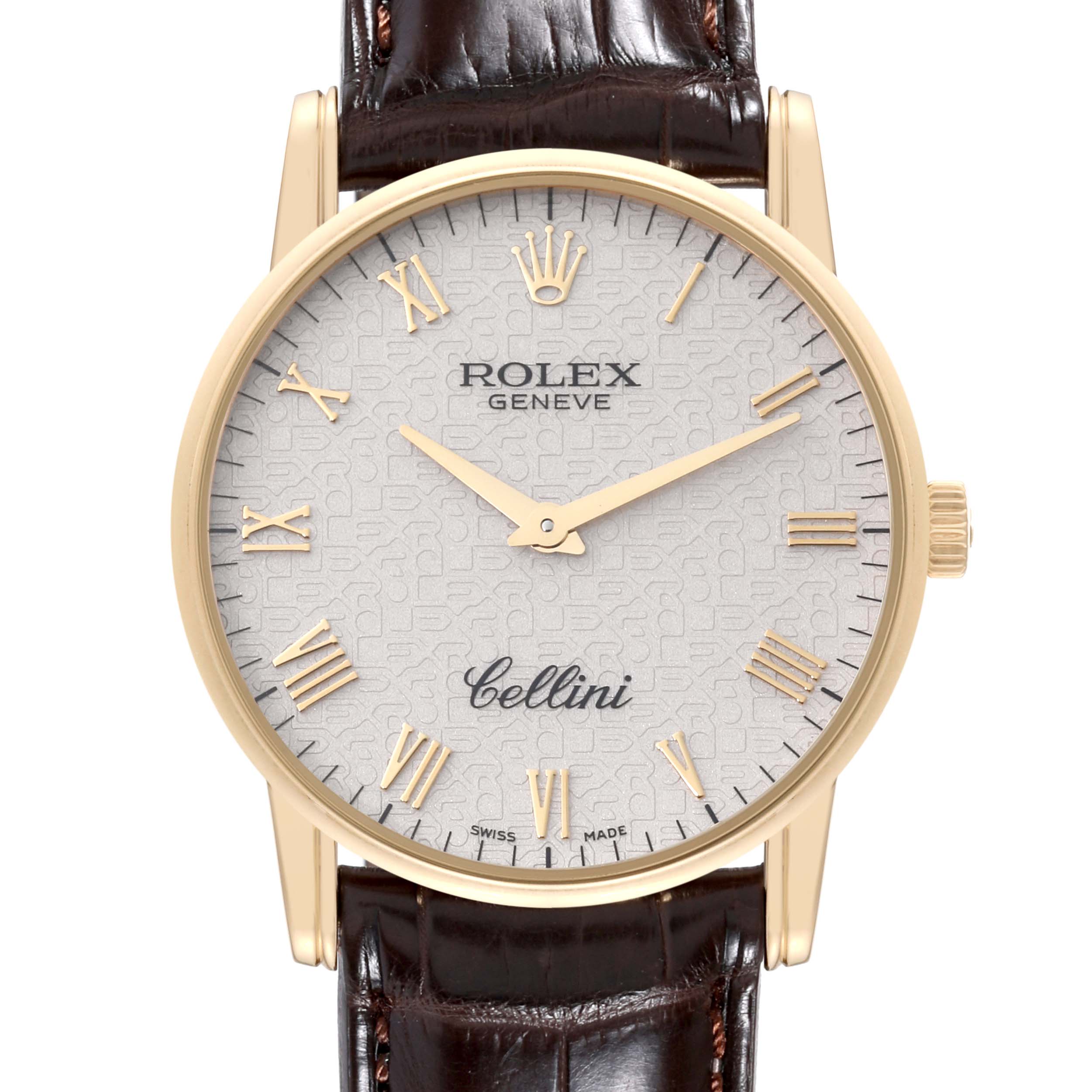 The image shows a front view of the Rolex Cellini 5116/8 Men's Yellow Gold White Dial 5116/8 Men's Yellow Gold White Dial watch, highlighting its dial, gold accents, and leather strap.