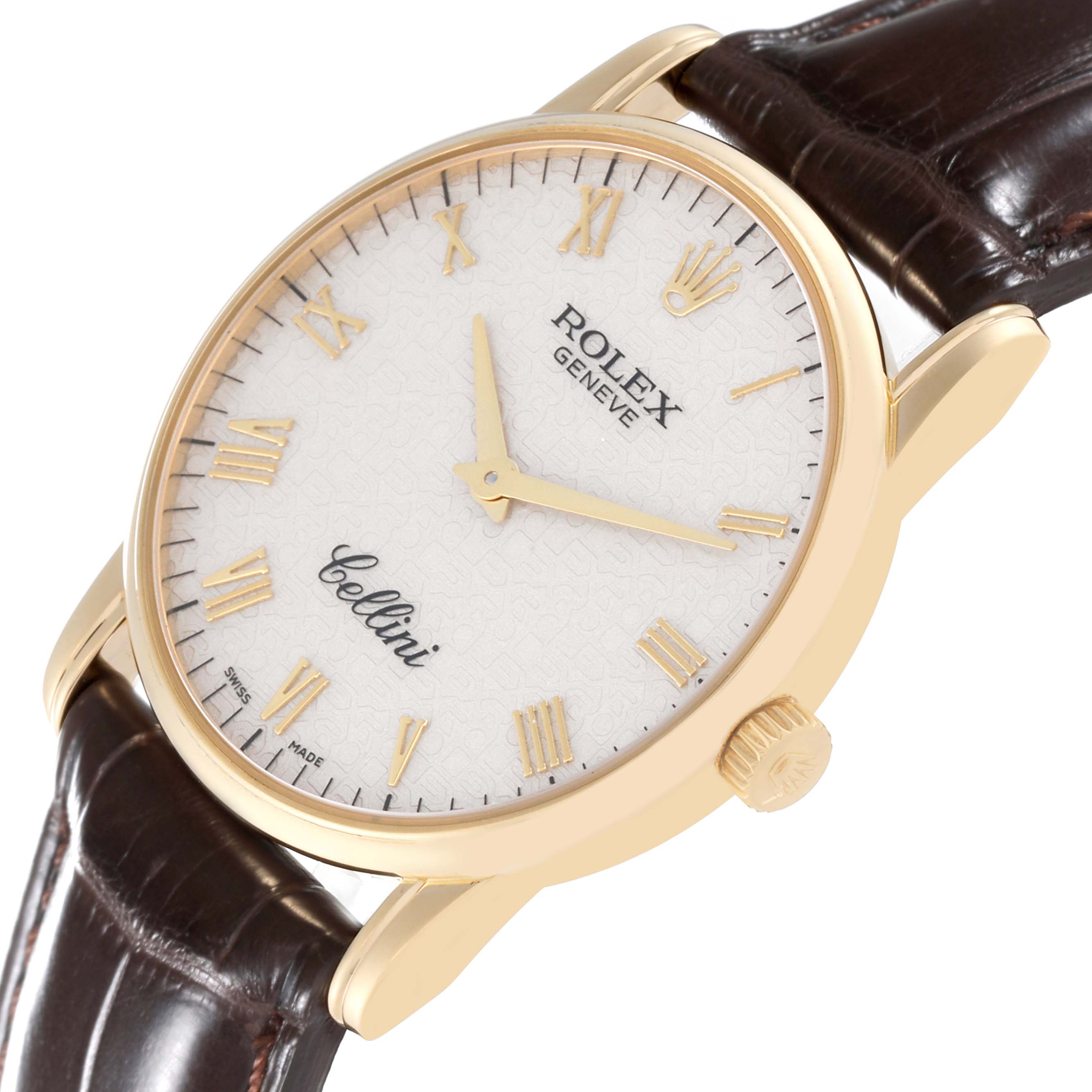 The image shows a close-up angle of the Rolex Cellini 5116/8 Men's Yellow Gold White Dial 5116/8 Men's Yellow Gold White Dial watch face and part of the leather strap.