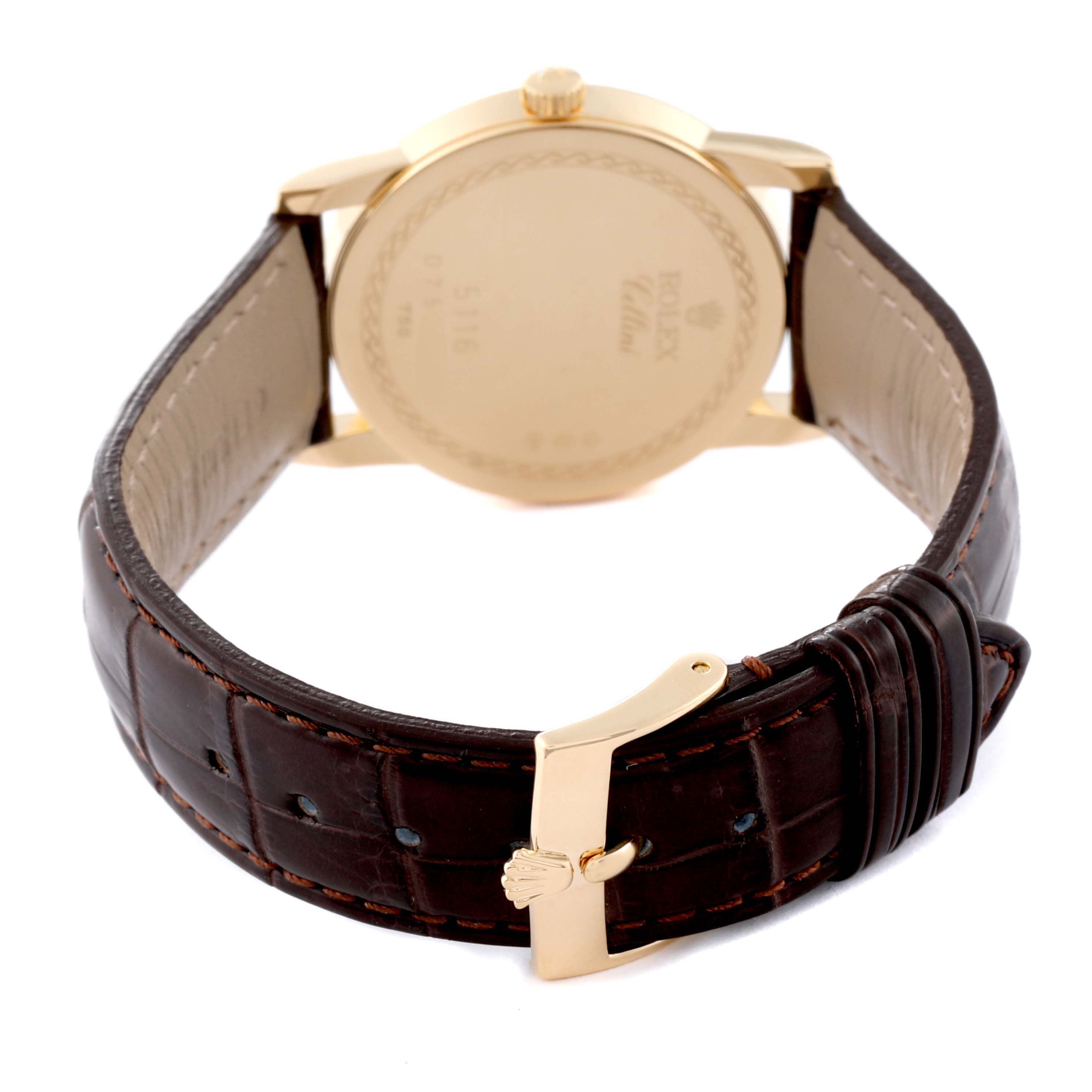 The image shows the back view of a Rolex Cellini 5116/8 Men's Yellow Gold White Dial 5116/8 Men's Yellow Gold White Dial watch, highlighting the leather strap and gold buckle.