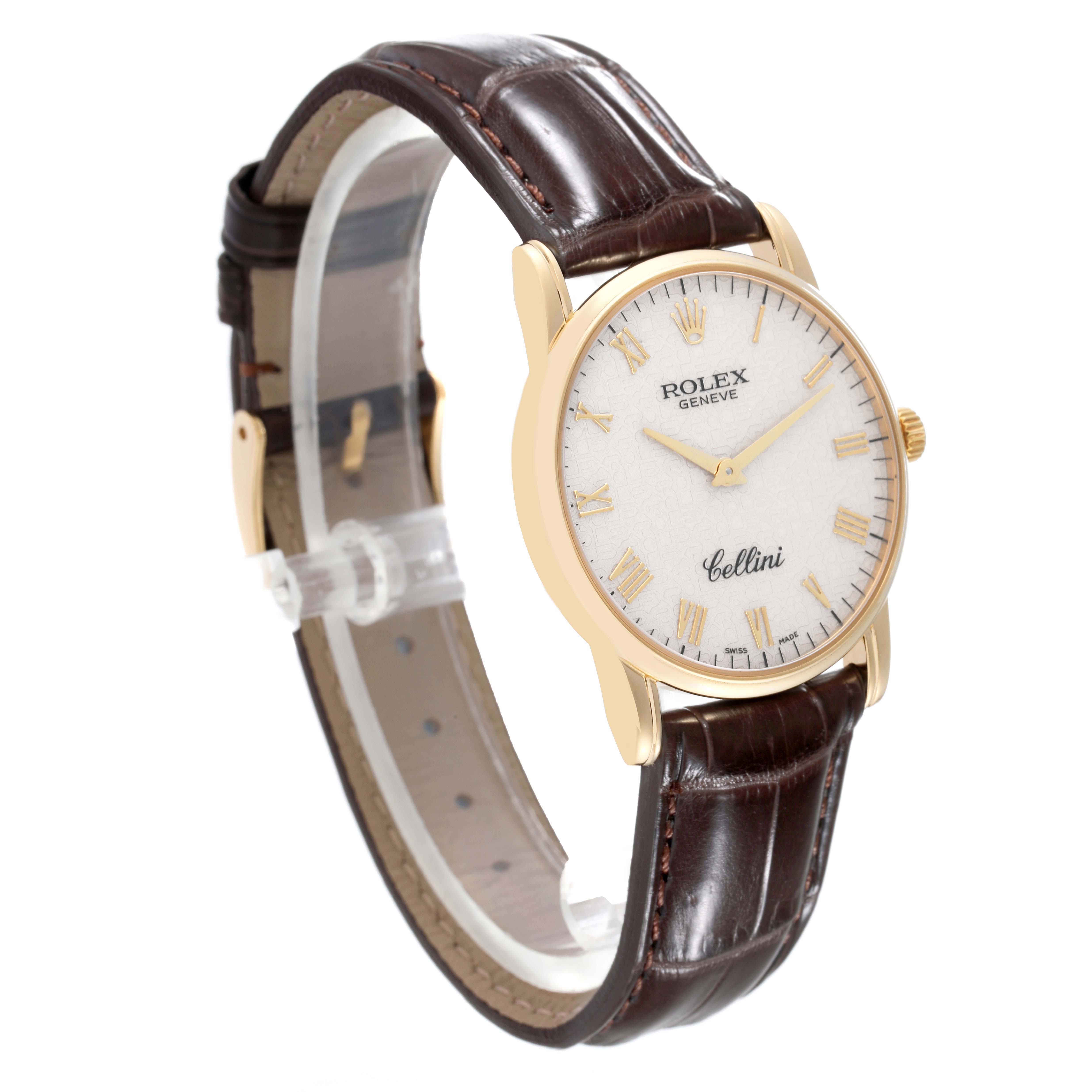 The image shows a Rolex Cellini 5116/8 Men's Yellow Gold White Dial 5116/8 Men's Yellow Gold White Dial watch at a three-quarter angle, displaying the face, case, and leather strap.