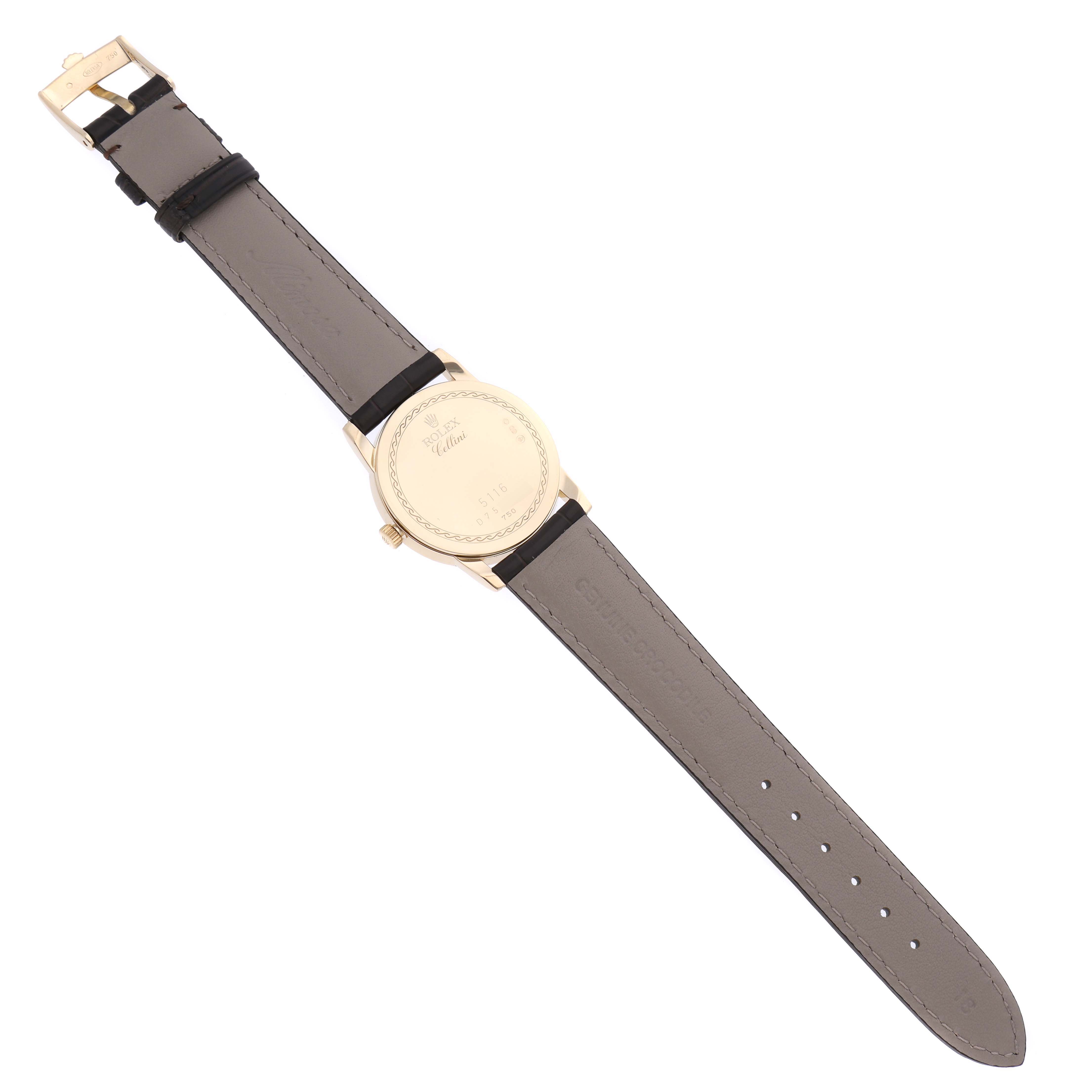 The image shows the back side of the Rolex Cellini 5116/8 Men's Yellow Gold White Dial 5116/8 Men's Yellow Gold White Dial watch, highlighting the strap and the case back.