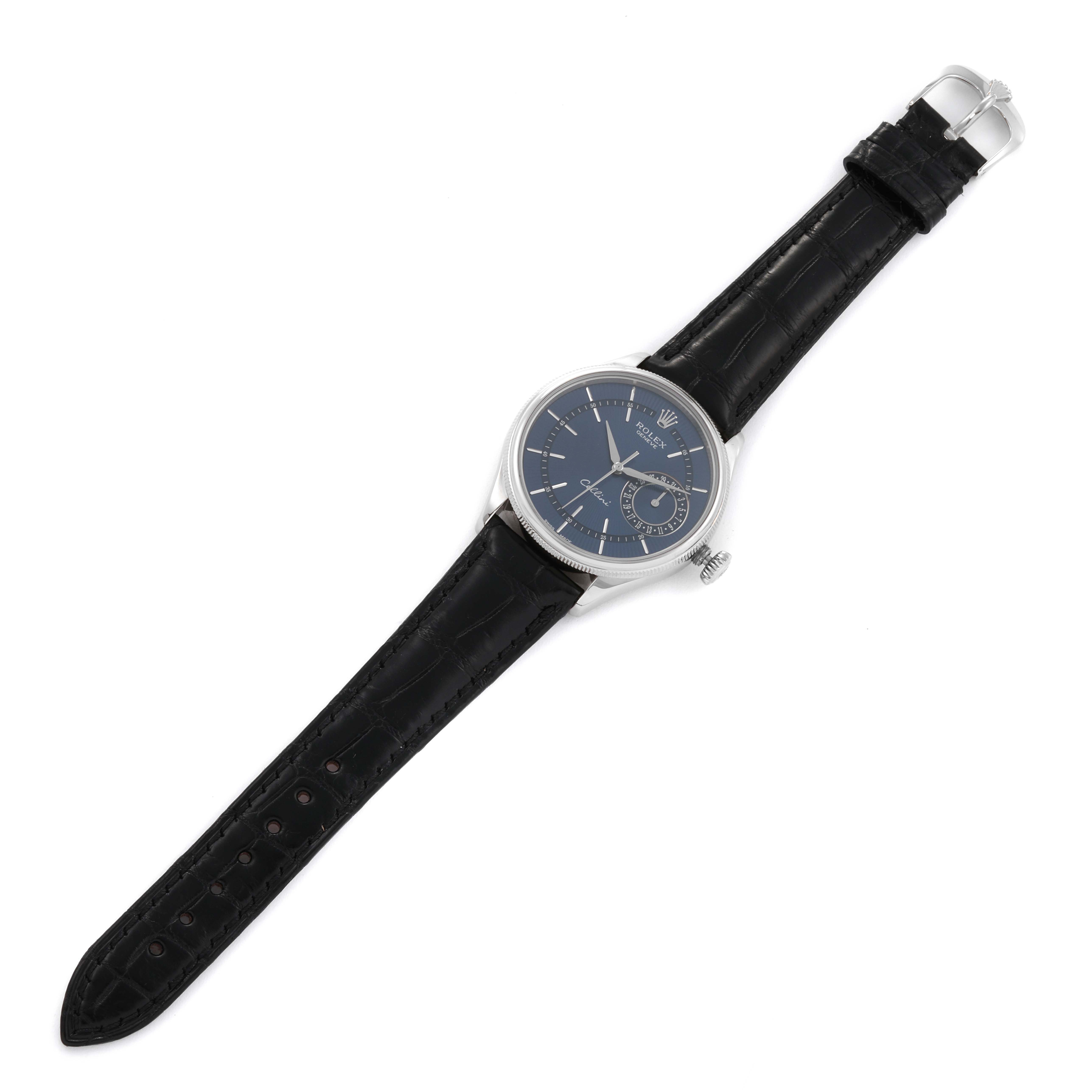 The image shows the Rolex Cellini 50519 Men's White Gold Blue Dial 50519 Men's White Gold Blue Dial watch from a top-down angle, displaying the entire watch including the face, strap, and buckle.