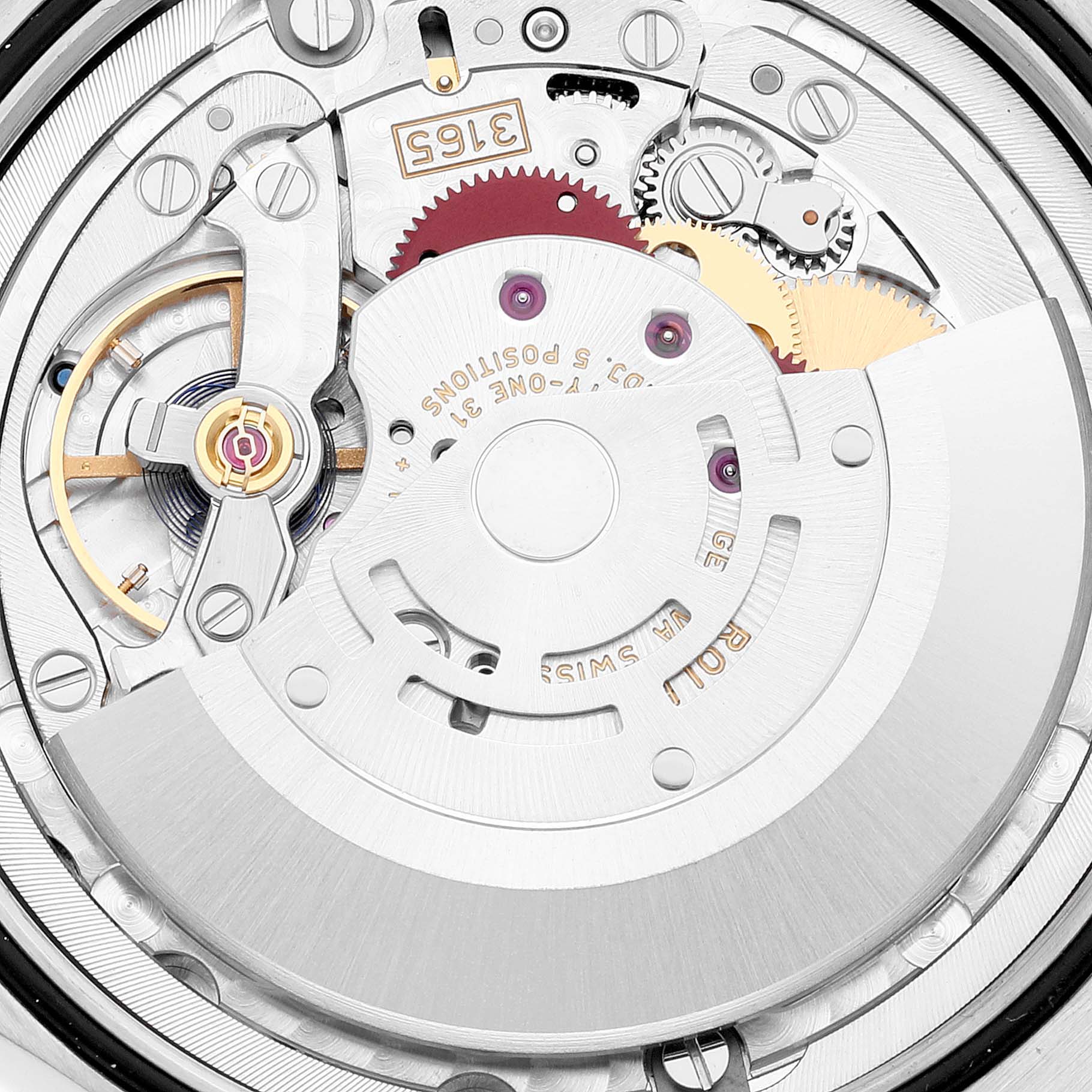 This image shows a close-up, rear view of the intricate mechanical movement inside a Rolex Cellini 50519 Men's White Gold Blue Dial 50519 Men's White Gold Blue Dial watch.