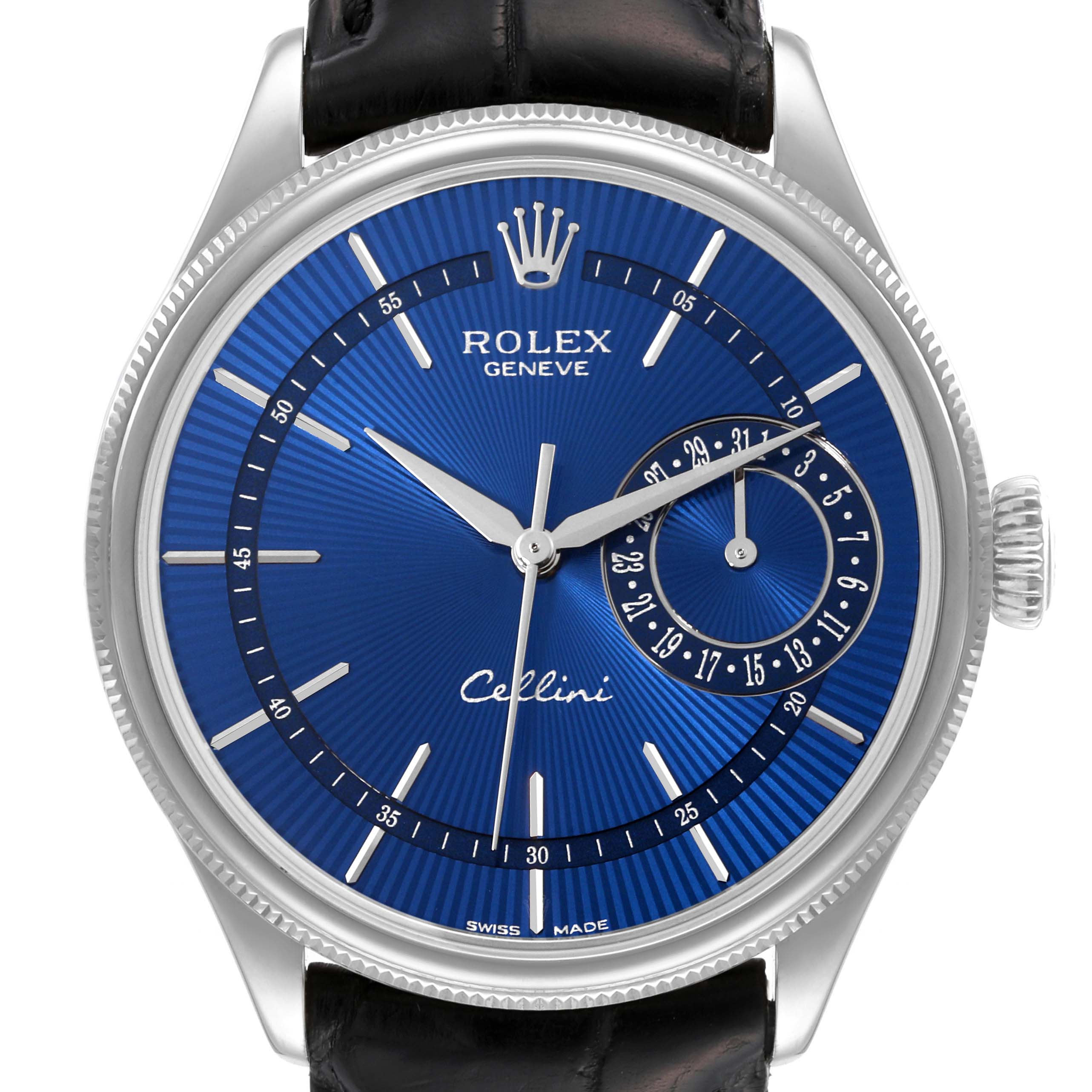 This image shows a front view of the Rolex Cellini 50519 Men's White Gold Blue Dial 50519 Men's White Gold Blue Dial watch, highlighting the blue dial, hands, markers, and bezel.